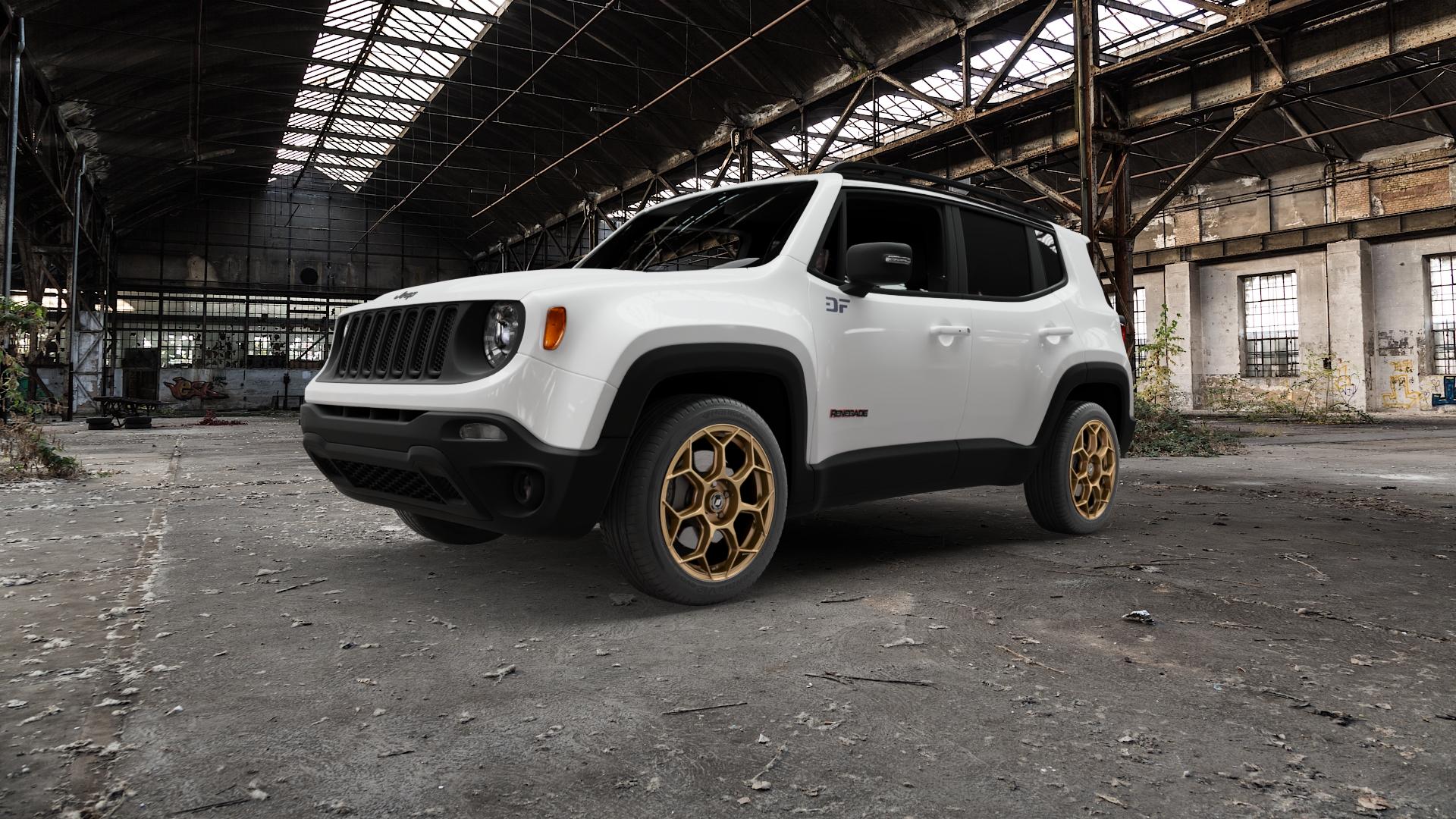 GMP Italia Raceway Oro Corsa Felge mit Reifen gold in 18Zoll Winterfelge Alufelge auf weissem Jeep Renegade Typ BU ⬇️ mit 15mm Tieferlegung ⬇️ Old Industrial Hall_max5000mm_2022 Frontansicht_1