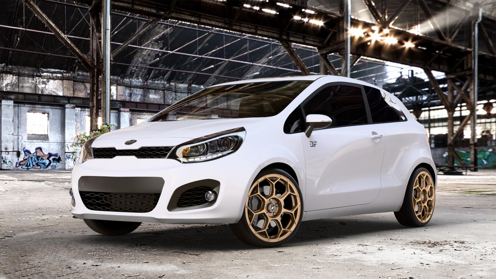 GMP Italia Raceway Oro Corsa Felge mit Reifen gold in 18Zoll Winterfelge Alufelge auf weissem Kia Rio III Typ UB ⬇️ mit 15mm Tieferlegung ⬇️ Old Industrial Hall_max_4400mm_2024 Frontansicht_1