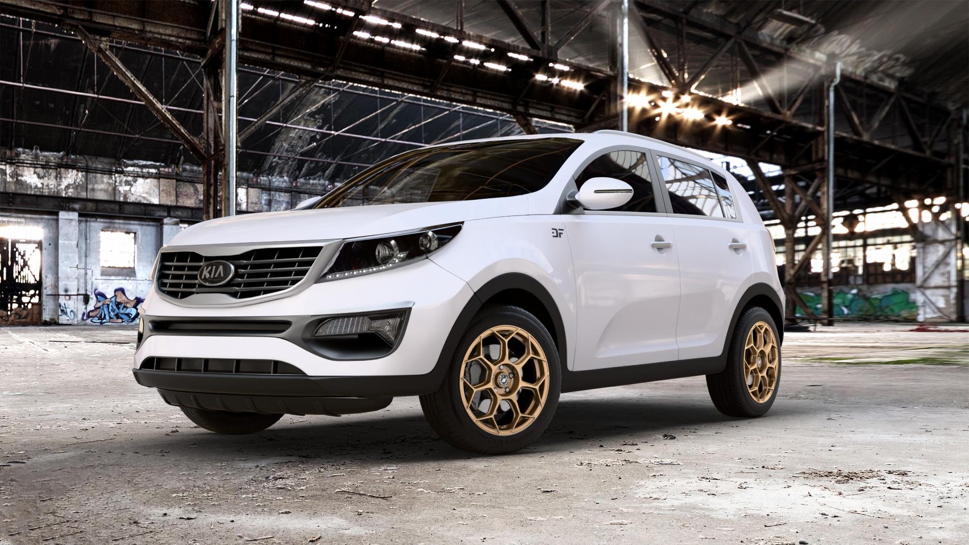 GMP Italia Raceway Oro Corsa Felge mit Reifen gold in 18Zoll Winterfelge Alufelge auf weissem Kia Sportage III Typ SL SLS Facelift ⬇️ mit 15mm Tieferlegung ⬇️ Old Industrial Hall_max_5300mm_2024 Frontansicht_1