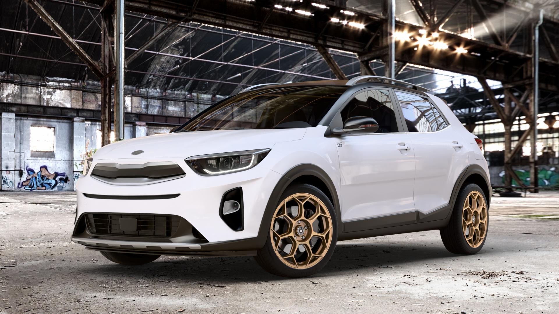 GMP Italia Raceway Oro Corsa Felge mit Reifen gold in 18Zoll Winterfelge Alufelge auf weissem Kia Stonic Typ YB ⬇️ mit 15mm Tieferlegung ⬇️ Old Industrial Hall_max_4400mm_2024 Frontansicht_1