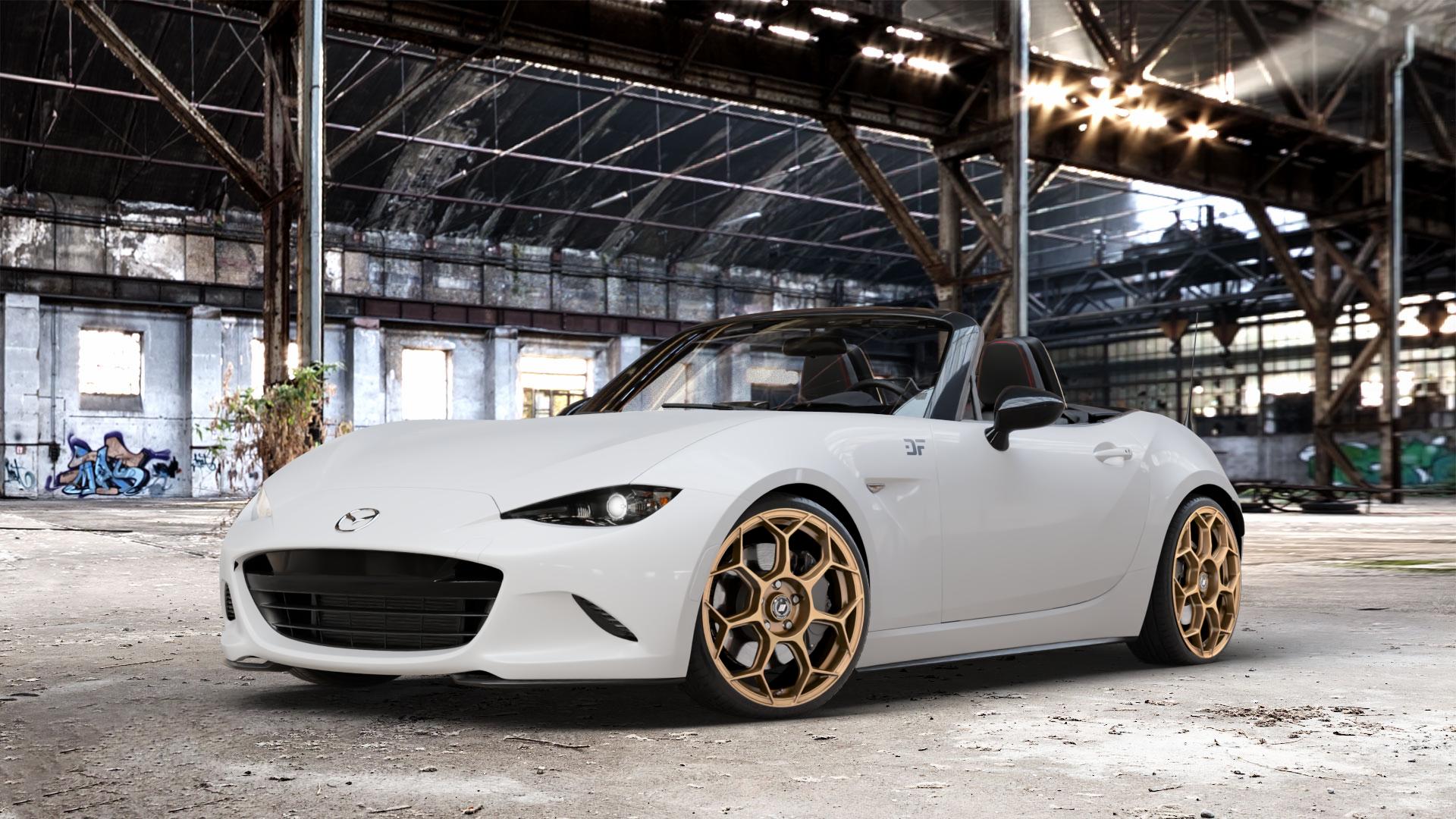 GMP Italia Raceway Oro Corsa Felge mit Reifen gold in 18Zoll Winterfelge Alufelge auf weissem Mazda MX-5 IV (ND) ⬇️ mit 15mm Tieferlegung ⬇️ Old Industrial Hall_max_4400mm_2024 Frontansicht_1