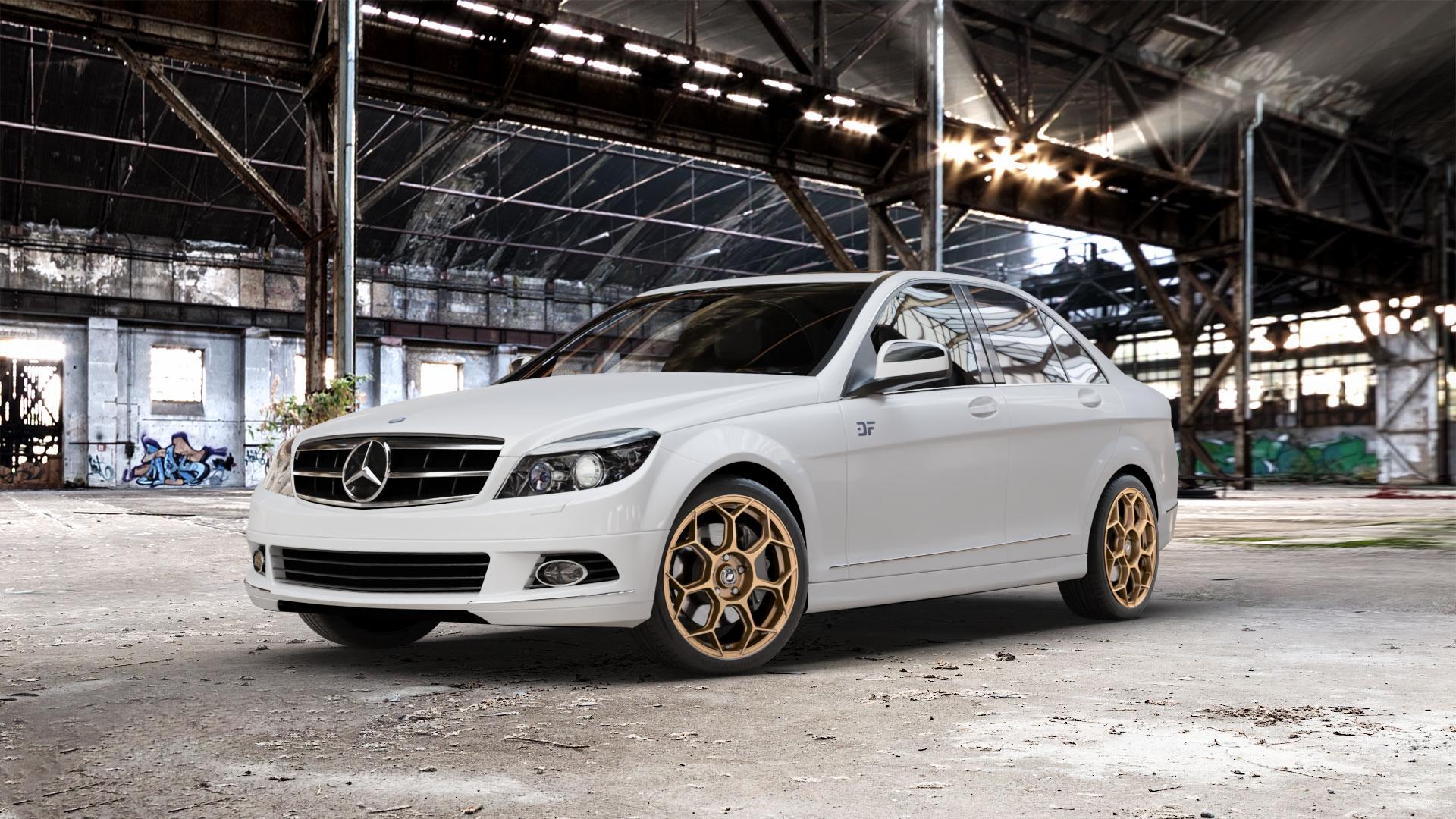 GMP Italia Raceway Oro Corsa Felge mit Reifen gold in 18Zoll Winterfelge Alufelge auf weissem Mercedes C-Klasse Typ W204 Limousine ⬇️ mit 15mm Tieferlegung ⬇️ Old Industrial Hall_max_5300mm_2024 Frontansicht_1