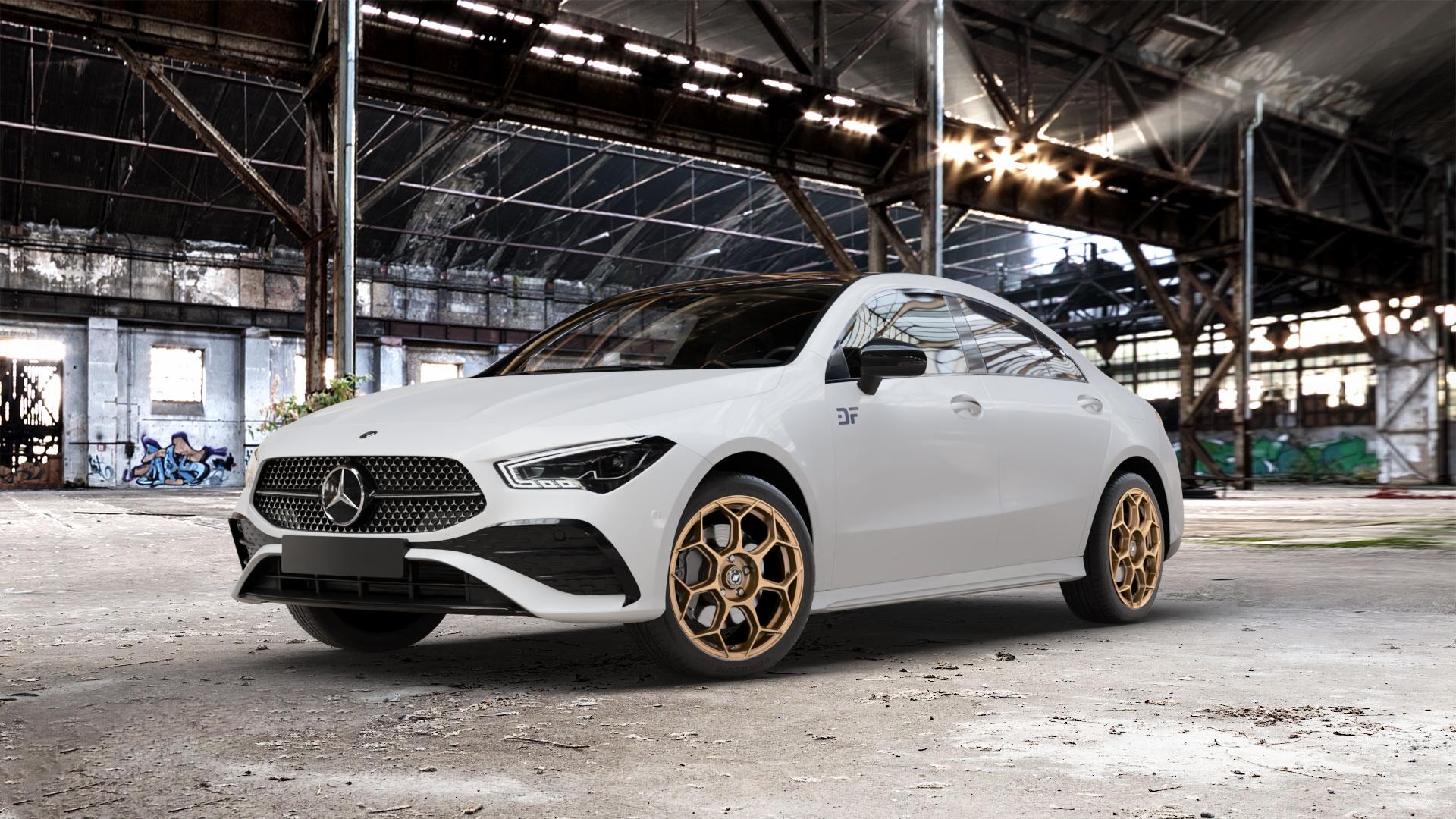 GMP Italia Raceway Oro Corsa Felge mit Reifen gold in 18Zoll Winterfelge Alufelge auf weissem Mercedes CLA-Klasse II Typ C118 (F2CLA) Facelift ⬇️ mit 15mm Tieferlegung ⬇️ Old Industrial Hall_max_5300mm_2024 Frontansicht_1