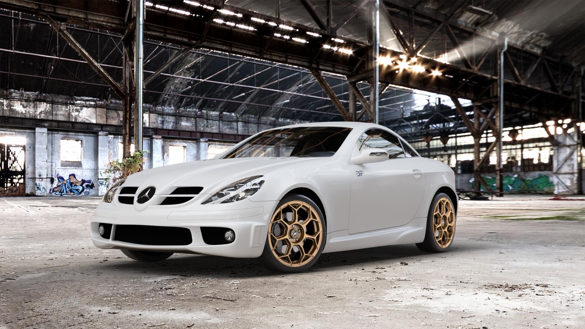 GMP Italia Raceway Oro Corsa Felge mit Reifen gold in 18Zoll Winterfelge Alufelge auf weissem Mercedes SLK Typ R171 ⬇️ mit 15mm Tieferlegung ⬇️ Old Industrial Hall_max_5300mm_2024 Frontansicht_1