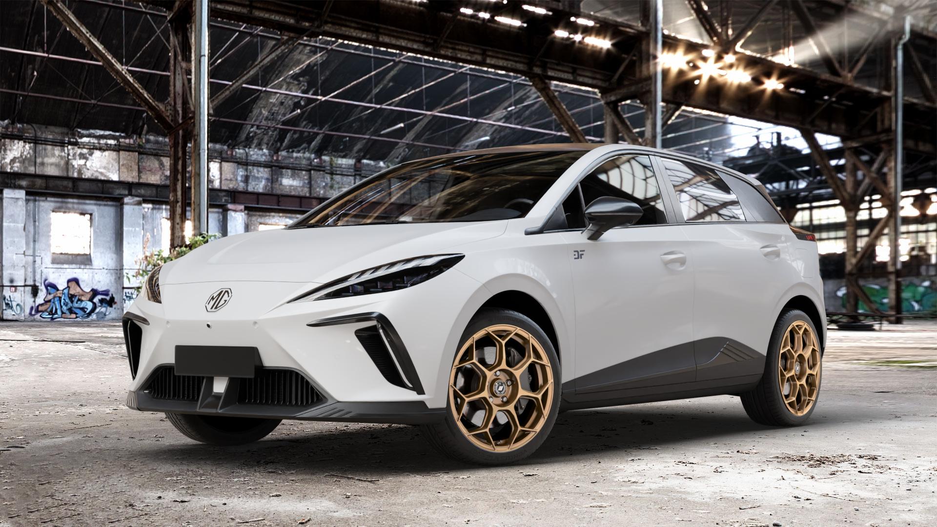 GMP Italia Raceway Oro Corsa Felge mit Reifen gold in 18Zoll Winterfelge Alufelge auf weissem MG MG4 Typ SEH3 ⬇️ mit 15mm Tieferlegung ⬇️ Old Industrial Hall_max_4400mm_2024 Frontansicht_1
