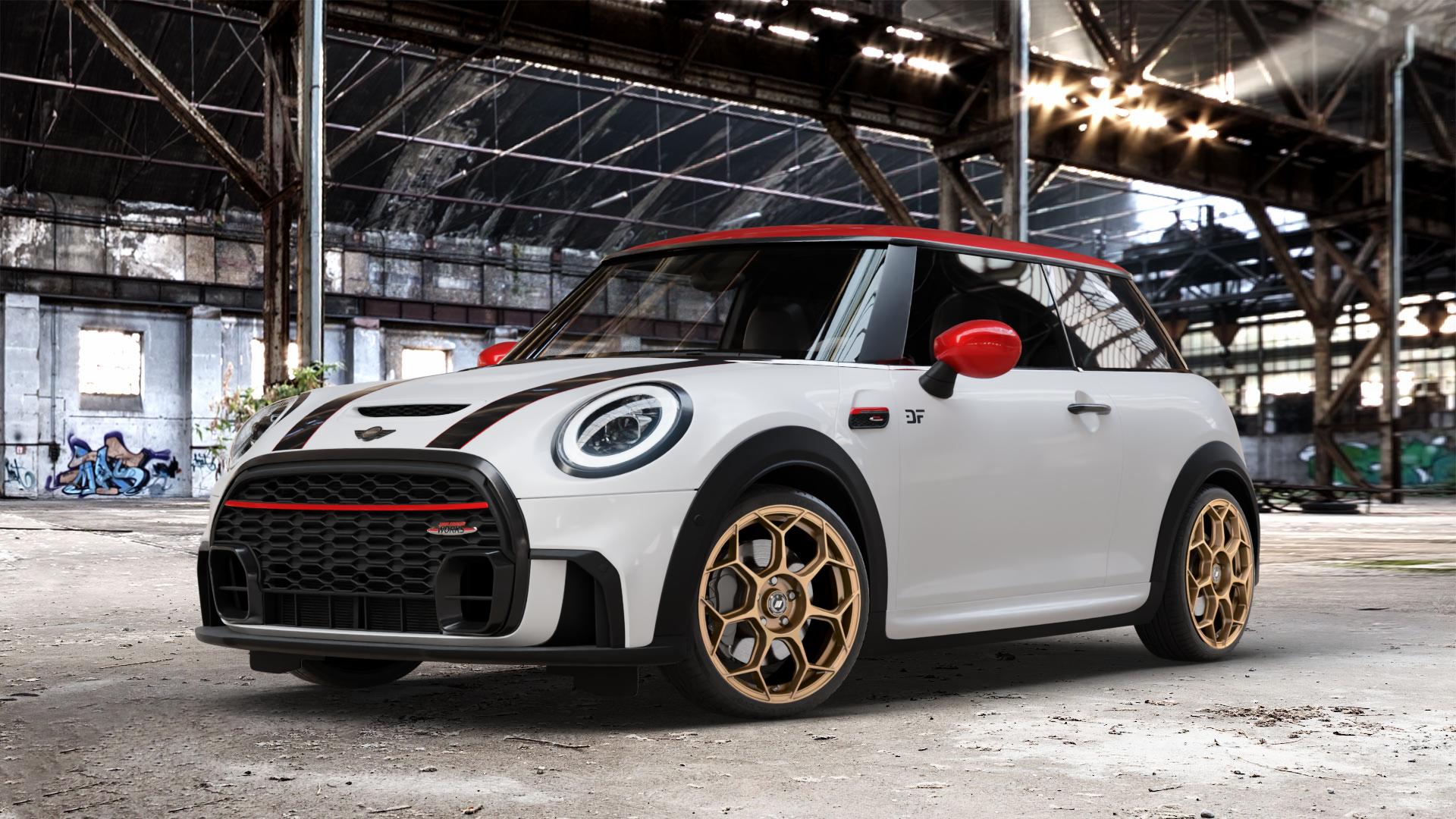 GMP Italia Raceway Oro Corsa Felge mit Reifen gold in 18Zoll Winterfelge Alufelge auf weissem Mini F56 Typ FML2 (3-Türer Limousine) Facelift 21-> 2,0l Cooper S 131kW (178 PS) 120kW (163 JCW 170kW (231 ⬇️ mit 15mm Tieferlegung ⬇️ Old Industrial Hall_max_4400mm_2024 Frontansicht_1