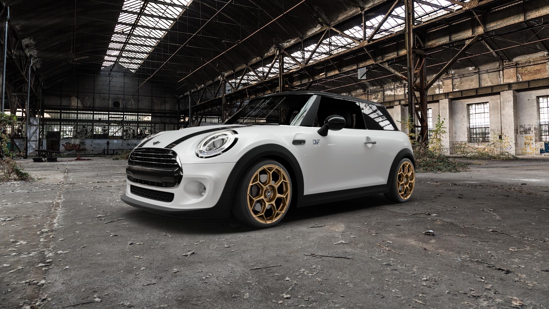GMP Italia Raceway Oro Corsa Felge mit Reifen gold in 18Zoll Winterfelge Alufelge auf weissem Mini F56 Typ UKL-L (3-Türer Limousine) ⬇️ mit 15mm Tieferlegung ⬇️ Old Industrial Hall_max5000mm_2022 Frontansicht_1