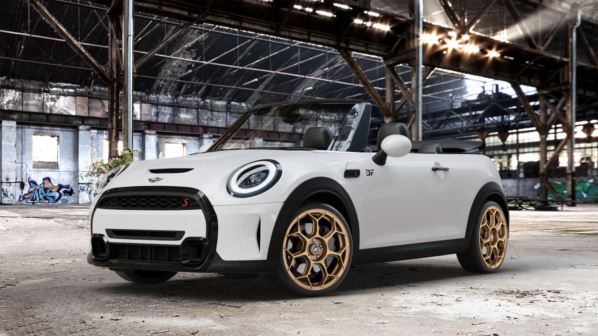 GMP Italia Raceway Oro Corsa Felge mit Reifen gold in 18Zoll Winterfelge Alufelge auf weissem Mini F57 Typ FMCA (Cabriolet) Facelift 21-> ⬇️ mit 15mm Tieferlegung ⬇️ Old Industrial Hall_max_4400mm_2024 Frontansicht_1