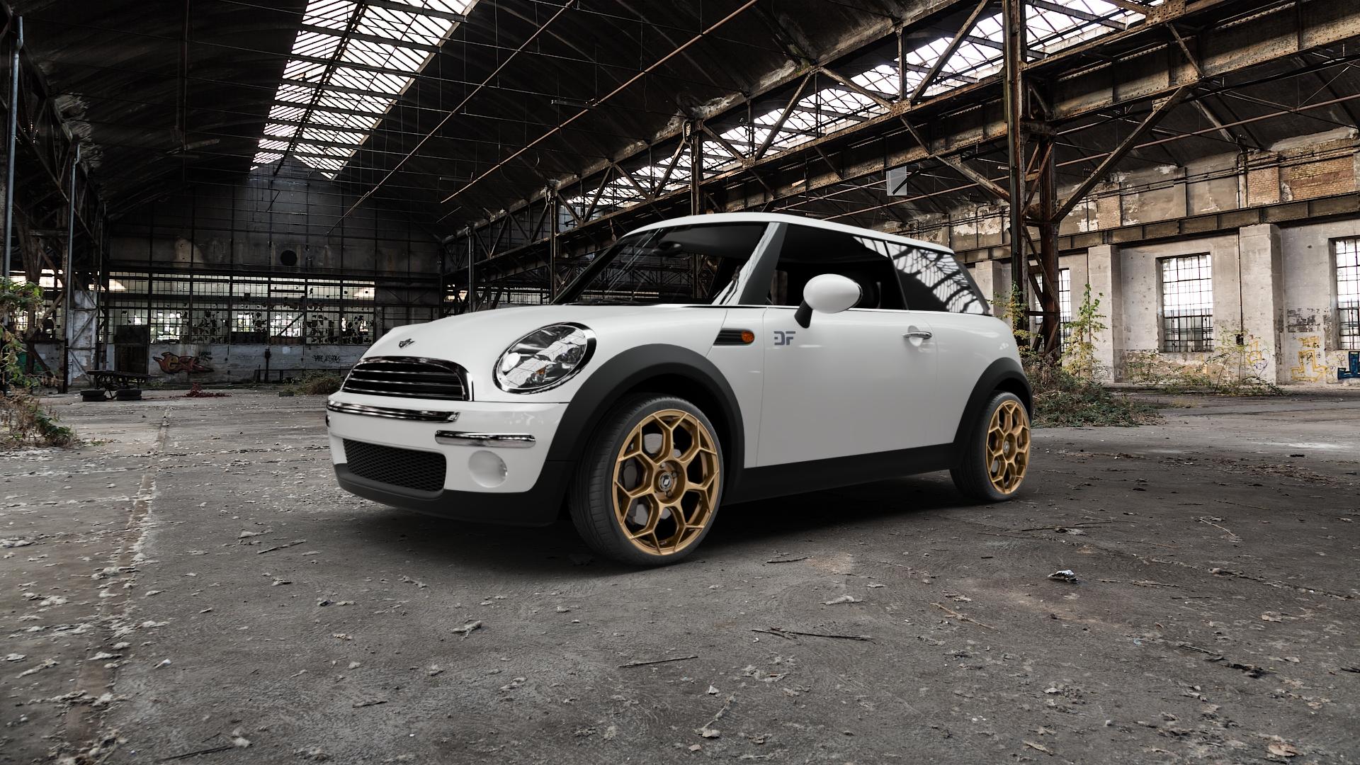 GMP Italia Raceway Oro Corsa Felge mit Reifen gold in 18Zoll Winterfelge Alufelge auf weissem Mini R50/53 Typ MINI, MINI-N (Limousine) ⬇️ mit 15mm Tieferlegung ⬇️ Old Industrial Hall_max5000mm_2022 Frontansicht_1