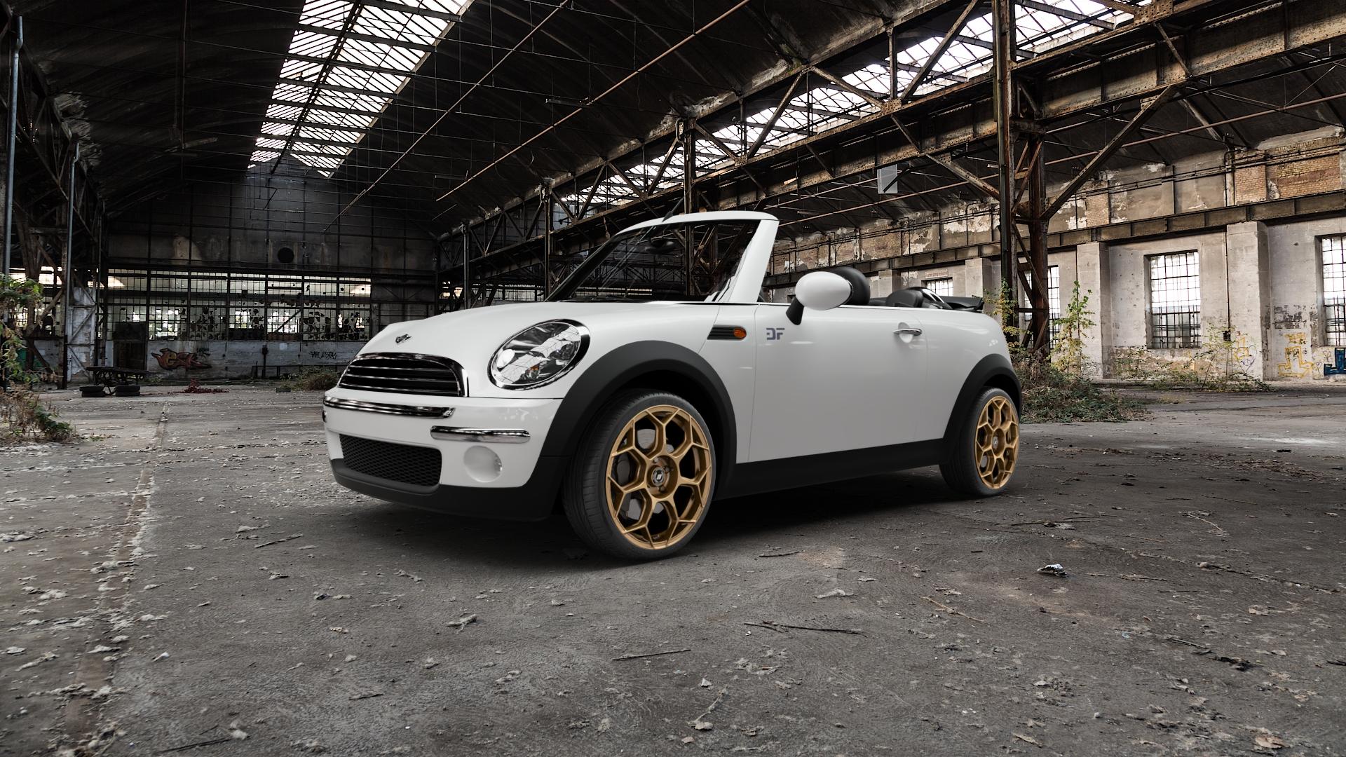 GMP Italia Raceway Oro Corsa Felge mit Reifen gold in 18Zoll Winterfelge Alufelge auf weissem Mini R52 Typ MINI (Cabriolet) ⬇️ mit 15mm Tieferlegung ⬇️ Old Industrial Hall_max5000mm_2022 Frontansicht_1