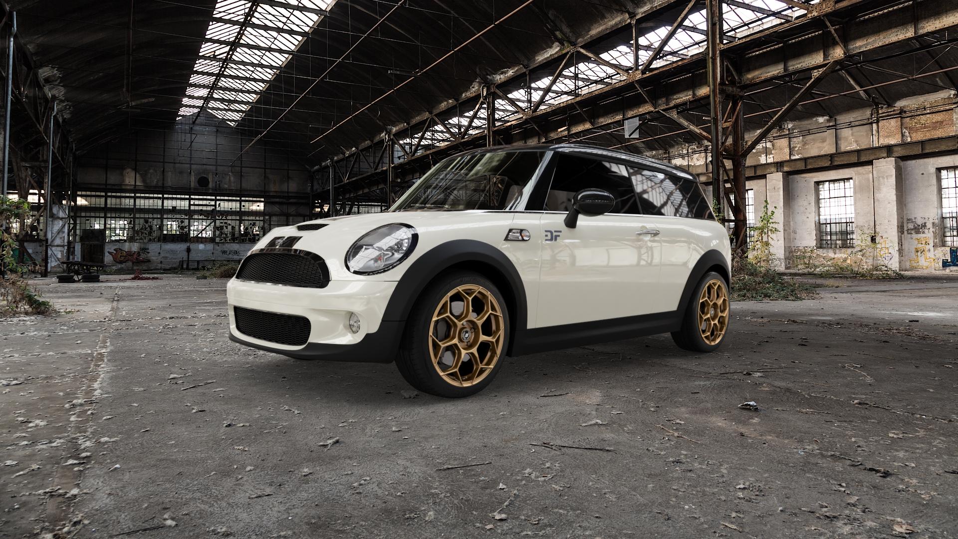 GMP Italia Raceway Oro Corsa Felge mit Reifen gold in 18Zoll Winterfelge Alufelge auf weissem Mini R55 Typ UKL-K (Clubman) MINI-N ⬇️ mit 15mm Tieferlegung ⬇️ Old Industrial Hall_max5000mm_2022 Frontansicht_1