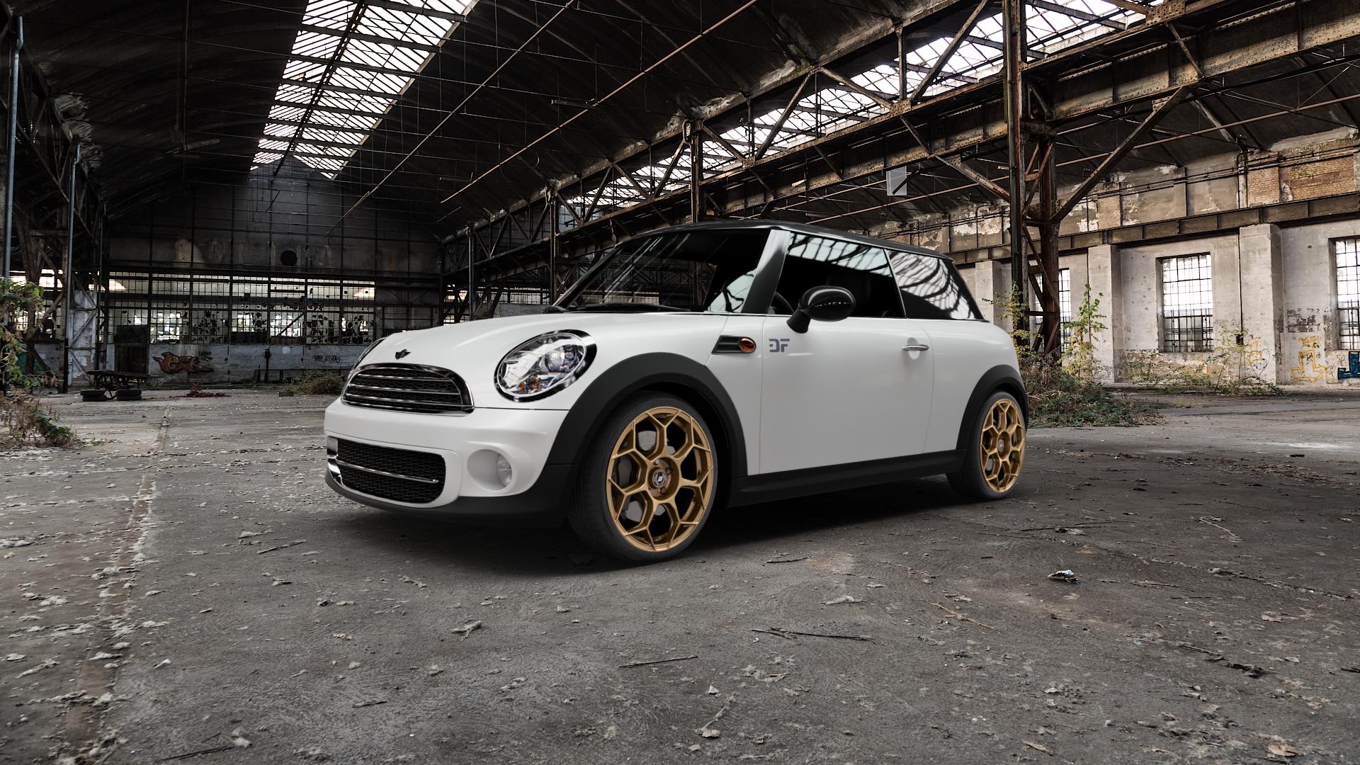 GMP Italia Raceway Oro Corsa Felge mit Reifen gold in 18Zoll Winterfelge Alufelge auf weissem Mini R56 Typ UKL-L (Limousine) MINI-N ⬇️ mit 15mm Tieferlegung ⬇️ Old Industrial Hall_max5000mm_2022 Frontansicht_1