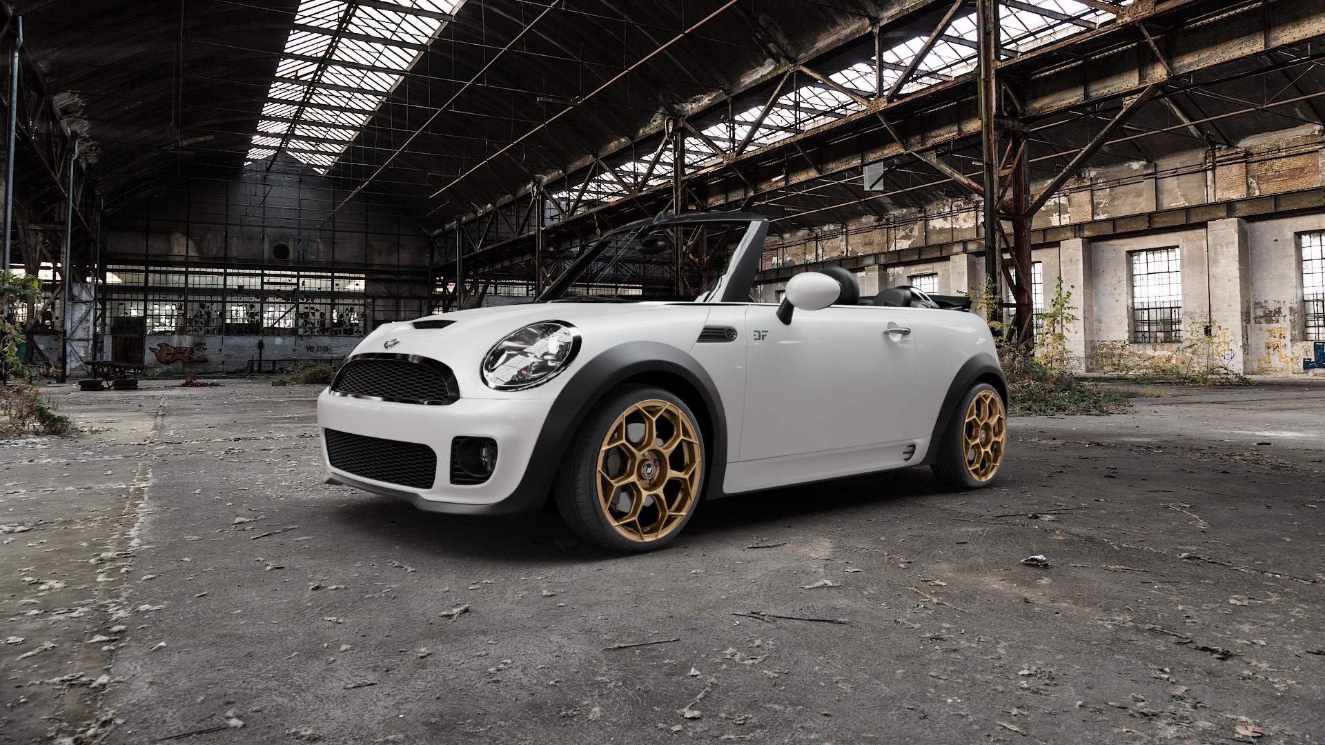 GMP Italia Raceway Oro Corsa Felge mit Reifen gold in 18Zoll Winterfelge Alufelge auf weissem Mini R57 Typ UKL-C (Cabriolet) MINI-N ⬇️ mit 15mm Tieferlegung ⬇️ Old Industrial Hall_max5000mm_2022 Frontansicht_1