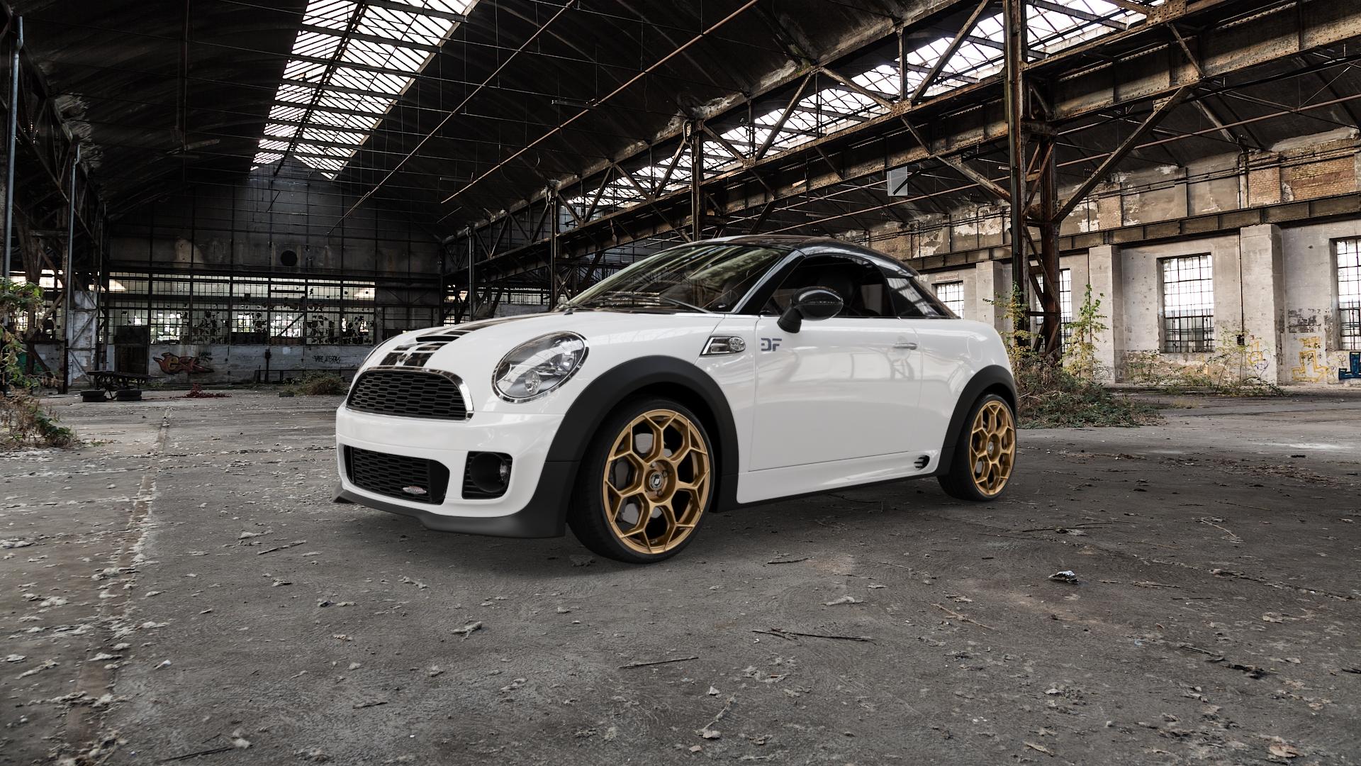 GMP Italia Raceway Oro Corsa Felge mit Reifen gold in 18Zoll Winterfelge Alufelge auf weissem Mini R58 Typ UKL-C (Coupe) 1,6l Cooper 90kW (122 PS) S 135kW (184 2,0l SD 105kW (143 JCW 155kW (211 ⬇️ mit 15mm Tieferlegung ⬇️ Old Industrial Hall_max5000mm_2022 Frontansicht_1