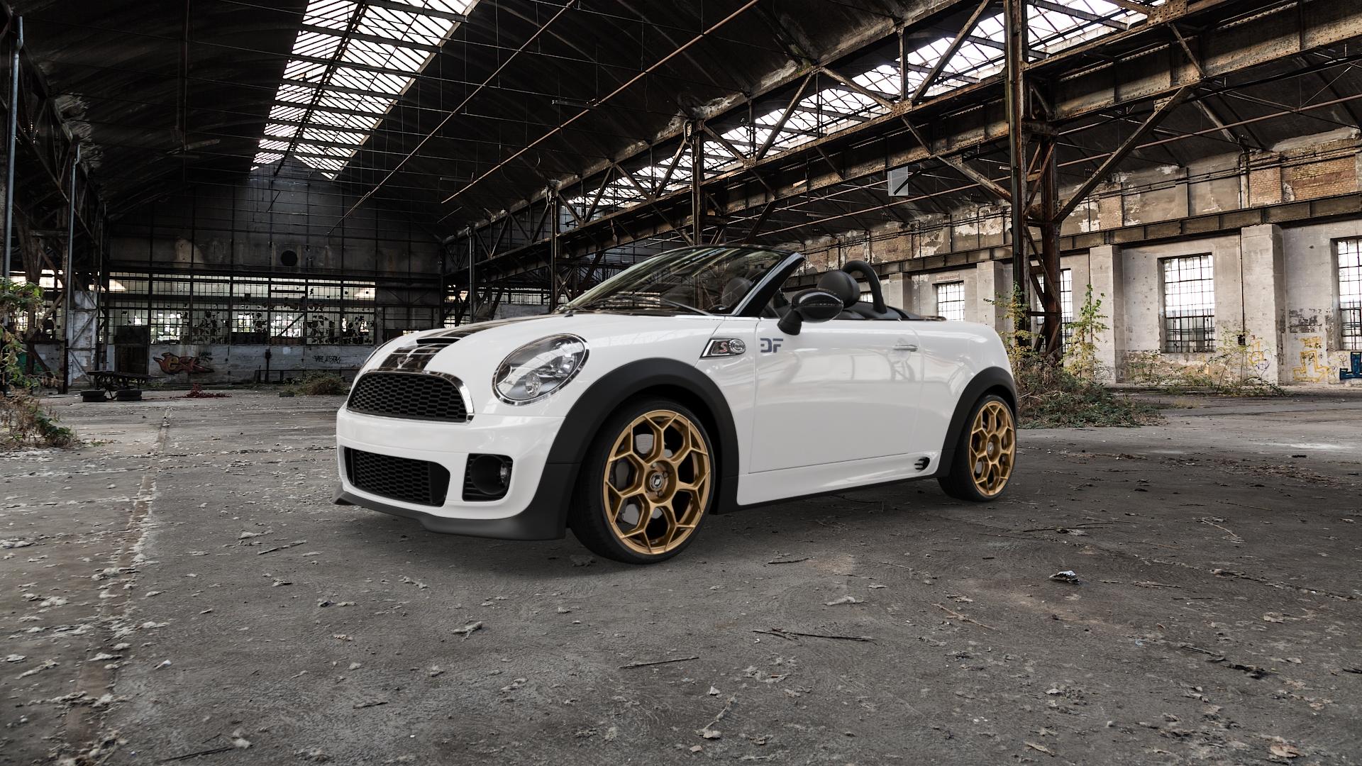 GMP Italia Raceway Oro Corsa Felge mit Reifen gold in 18Zoll Winterfelge Alufelge auf weissem Mini R59 Typ UKL-C (Roadster) ⬇️ mit 15mm Tieferlegung ⬇️ Old Industrial Hall_max5000mm_2022 Frontansicht_1