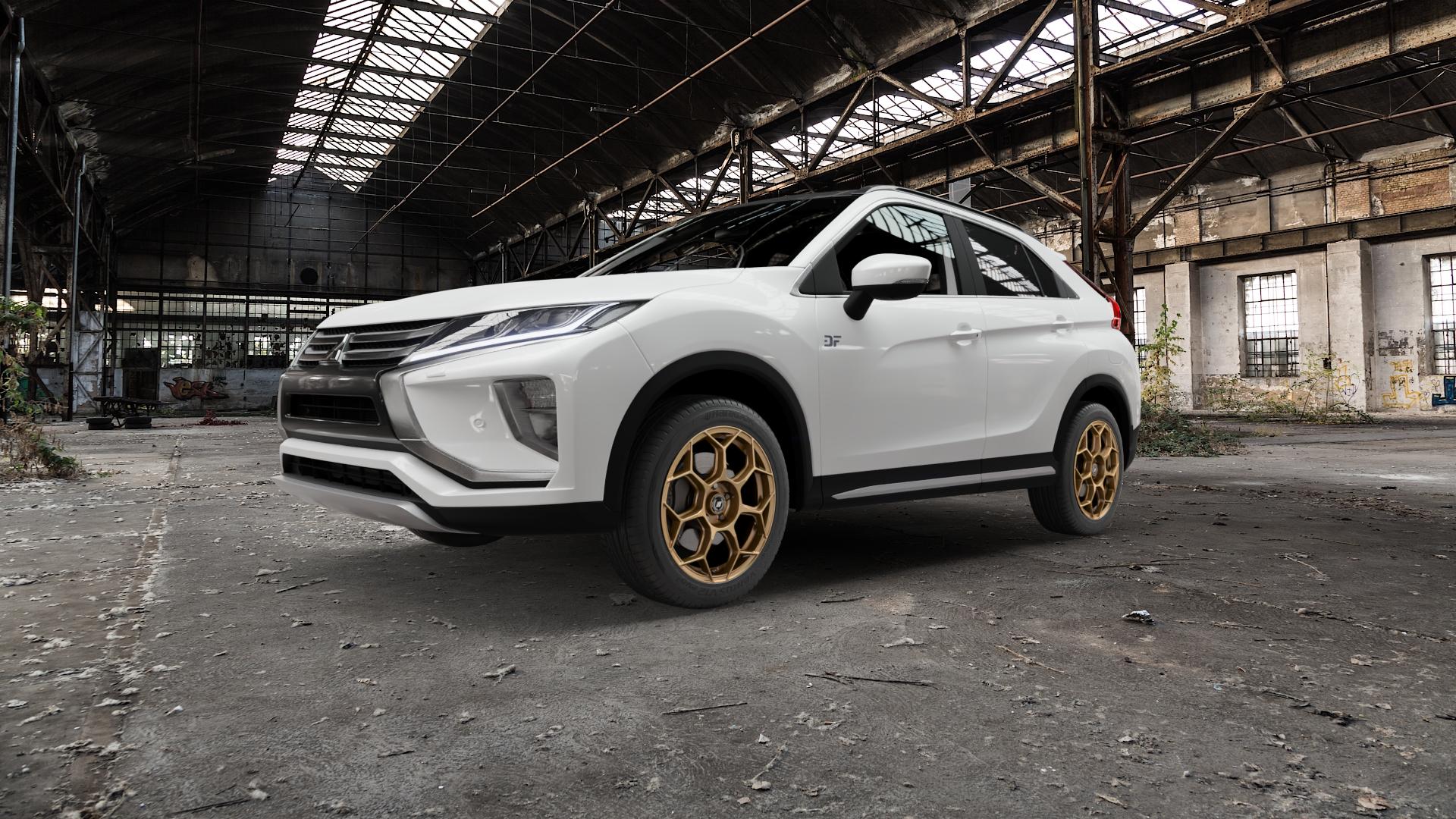 GMP Italia Raceway Oro Corsa Felge mit Reifen gold in 18Zoll Winterfelge Alufelge auf weissem Mitsubishi Eclipse Cross Typ GK0 ⬇️ mit 15mm Tieferlegung ⬇️ Old Industrial Hall_max5000mm_2022 Frontansicht_1