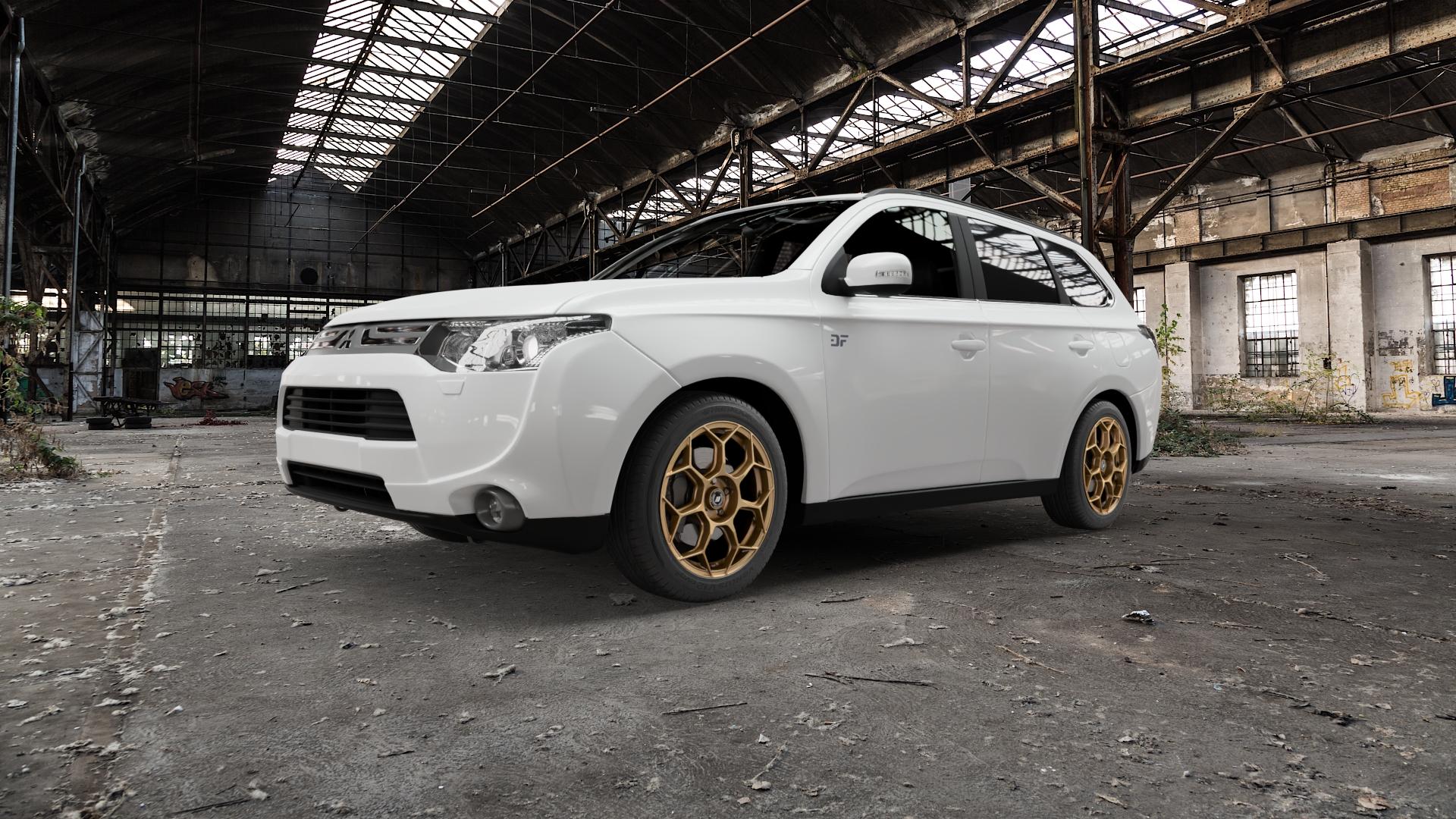 GMP Italia Raceway Oro Corsa Felge mit Reifen gold in 18Zoll Winterfelge Alufelge auf weissem Mitsubishi Outlander III Typ CWO Facelift 15-> 18-> ⬇️ mit 15mm Tieferlegung ⬇️ Old Industrial Hall_max5000mm_2022 Frontansicht_1