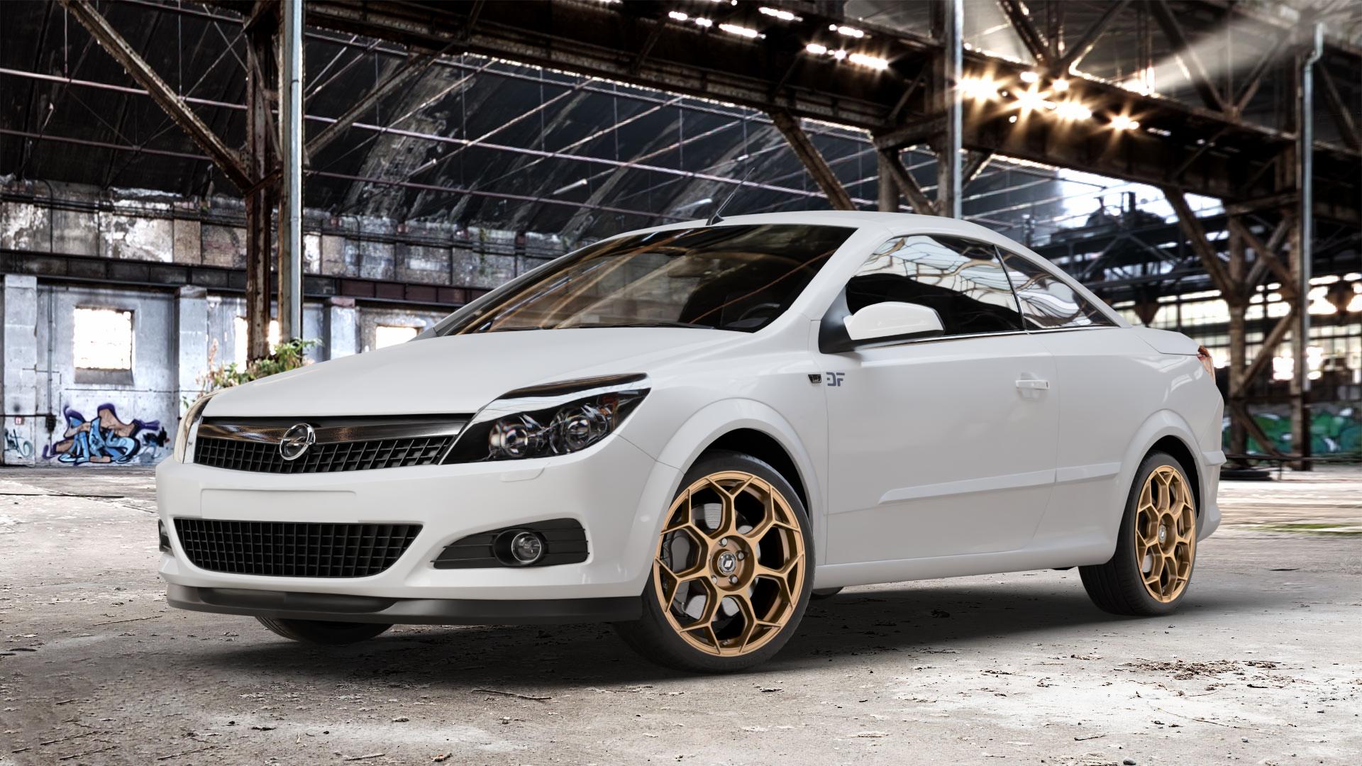 GMP Italia Raceway Oro Corsa Felge mit Reifen gold in 18Zoll Winterfelge Alufelge auf weissem Opel Astra H Twin Top Typ A-H/C ⬇️ mit 15mm Tieferlegung ⬇️ Old Industrial Hall_max_4400mm_2024 Frontansicht_1