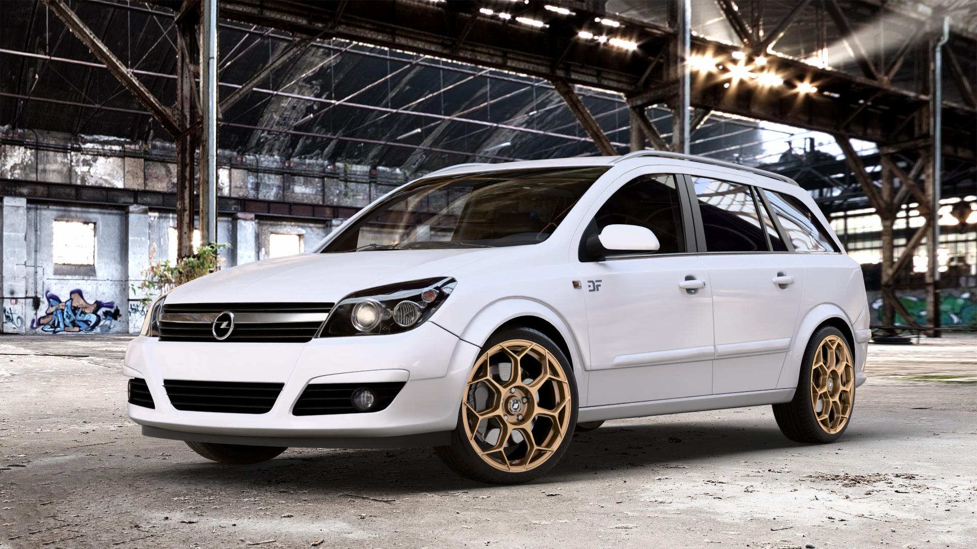 GMP Italia Raceway Oro Corsa Felge mit Reifen gold in 18Zoll Winterfelge Alufelge auf weissem Opel Astra H Typ A-H Caravan A-H/SW ⬇️ mit 15mm Tieferlegung ⬇️ Old Industrial Hall_max_4400mm_2024 Frontansicht_1