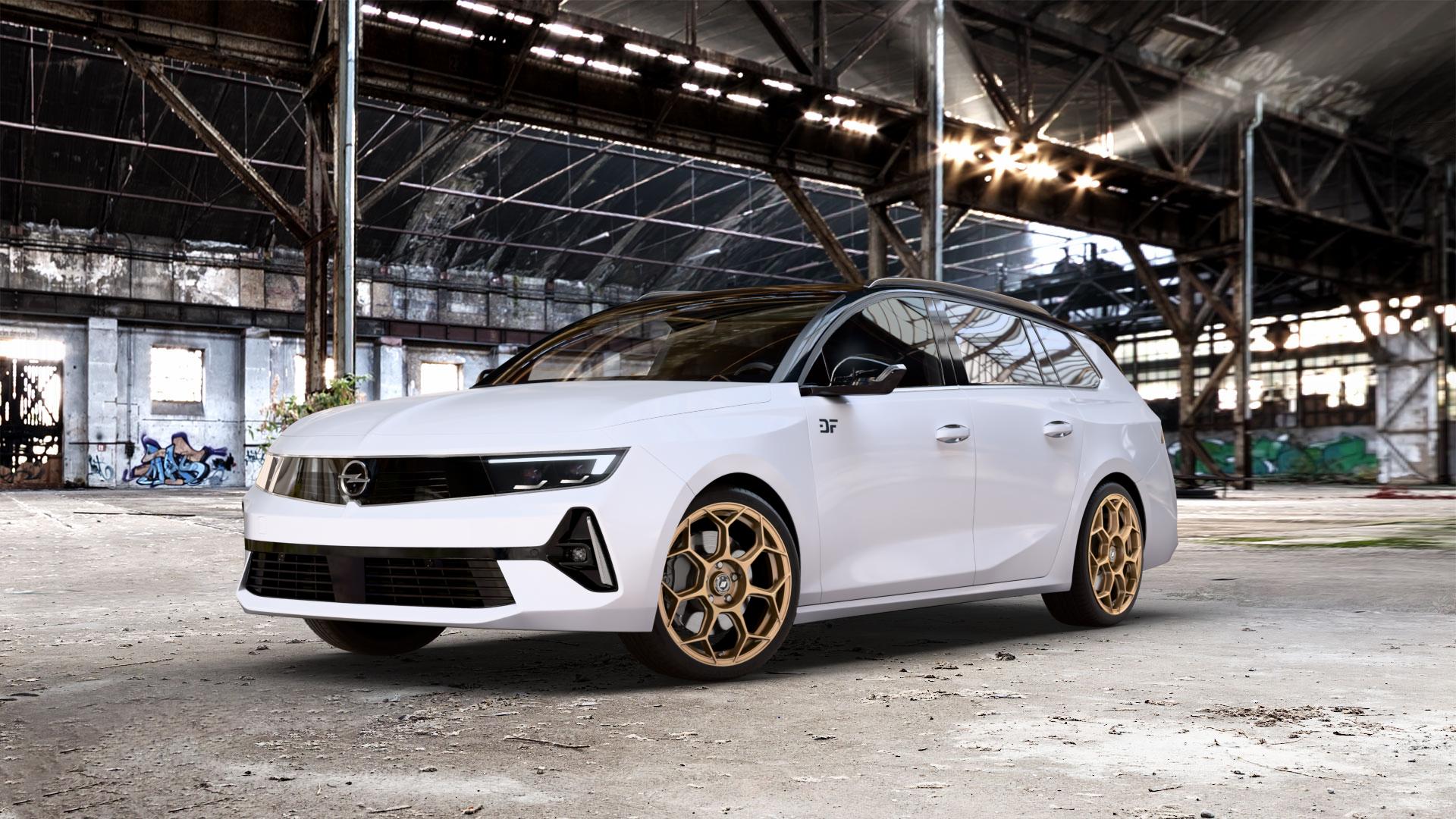 GMP Italia Raceway Oro Corsa Felge mit Reifen gold in 18Zoll Winterfelge Alufelge auf weissem Opel Astra L Sports Tourer Typ F Facelift ⬇️ mit 15mm Tieferlegung ⬇️ Old Industrial Hall_max_5300mm_2024 Frontansicht_1