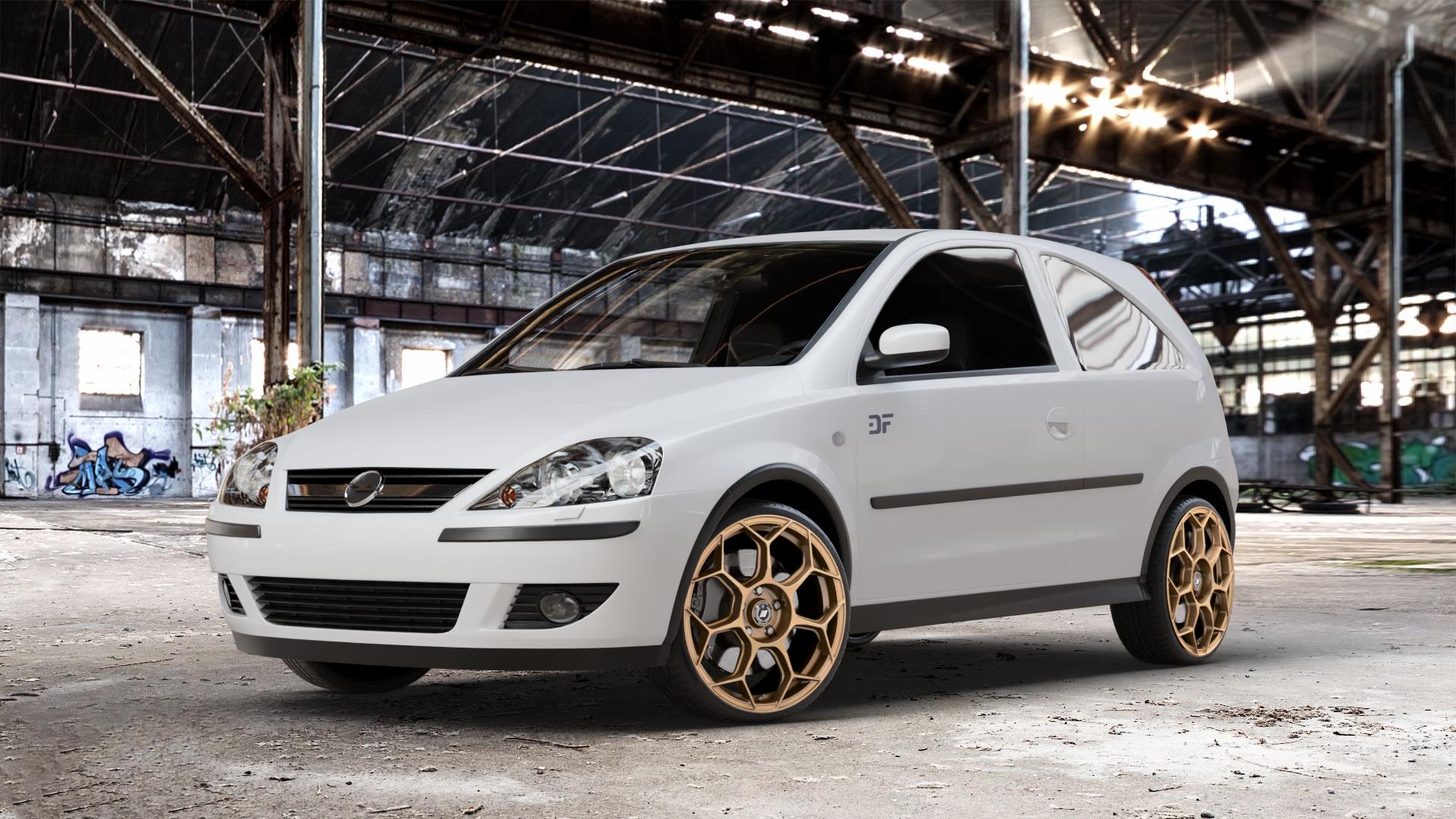 GMP Italia Raceway Oro Corsa Felge mit Reifen gold in 18Zoll Winterfelge Alufelge auf weissem Opel Corsa C Typ CORSA-C ⬇️ mit 15mm Tieferlegung ⬇️ Old Industrial Hall_max_4400mm_2024 Frontansicht_1