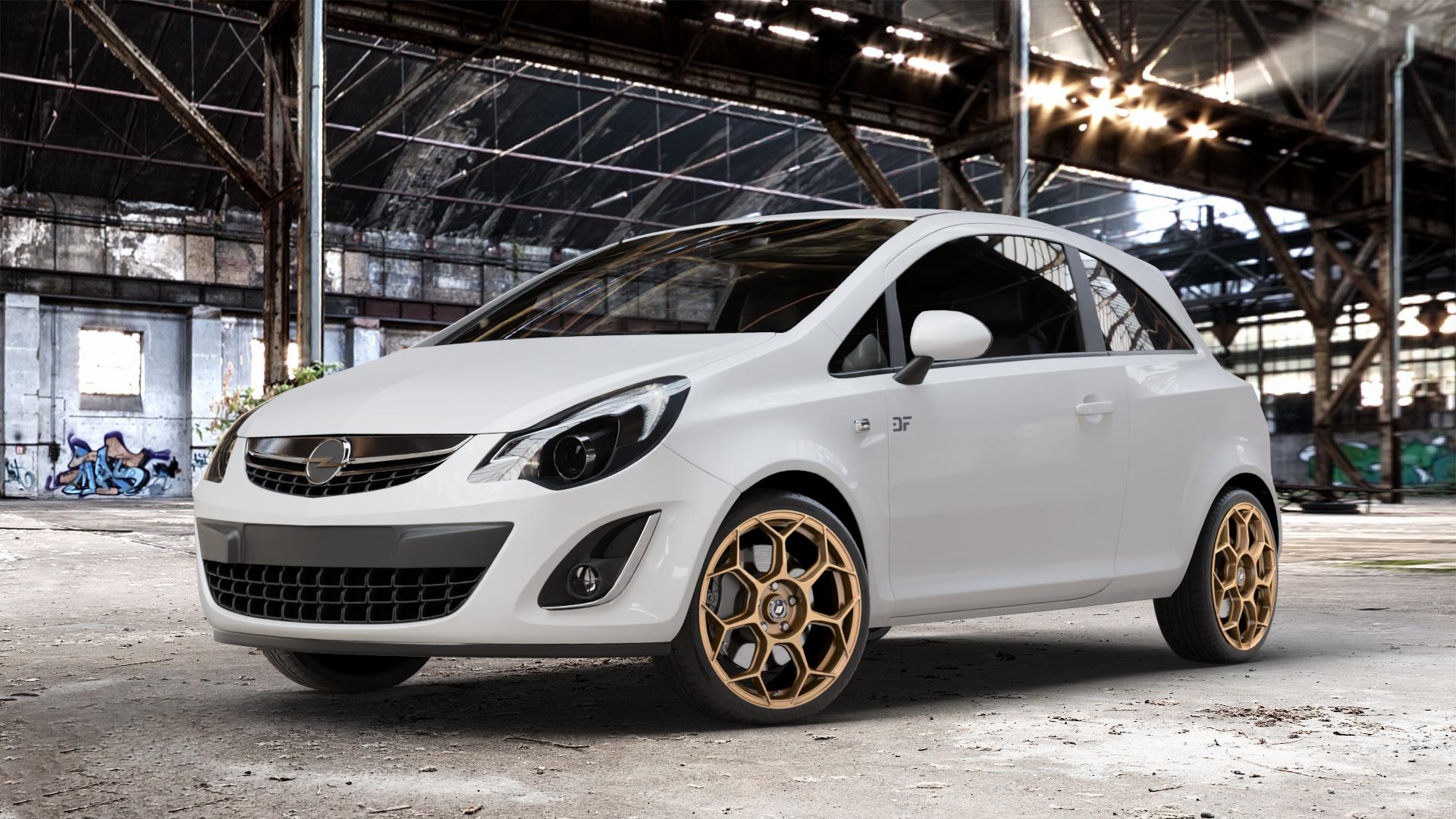 GMP Italia Raceway Oro Corsa Felge mit Reifen gold in 18Zoll Winterfelge Alufelge auf weissem Opel Corsa D Typ S-D Facelift ⬇️ mit 15mm Tieferlegung ⬇️ Old Industrial Hall_max_4400mm_2024 Frontansicht_1