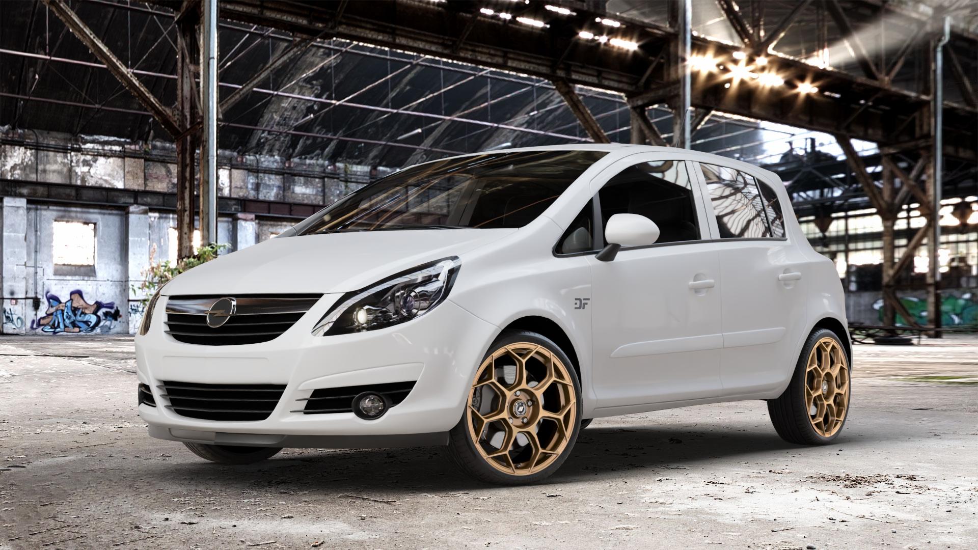 GMP Italia Raceway Oro Corsa Felge mit Reifen gold in 18Zoll Winterfelge Alufelge auf weissem Opel Corsa D Typ S-D ⬇️ mit 15mm Tieferlegung ⬇️ Old Industrial Hall_max_4400mm_2024 Frontansicht_1