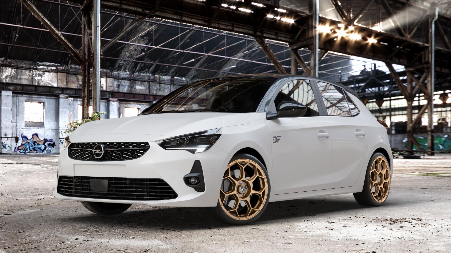 GMP Italia Raceway Oro Corsa Felge mit Reifen gold in 18Zoll Winterfelge Alufelge auf weissem Opel Corsa F Typ U ⬇️ mit 15mm Tieferlegung ⬇️ Old Industrial Hall_max_4400mm_2024 Frontansicht_1