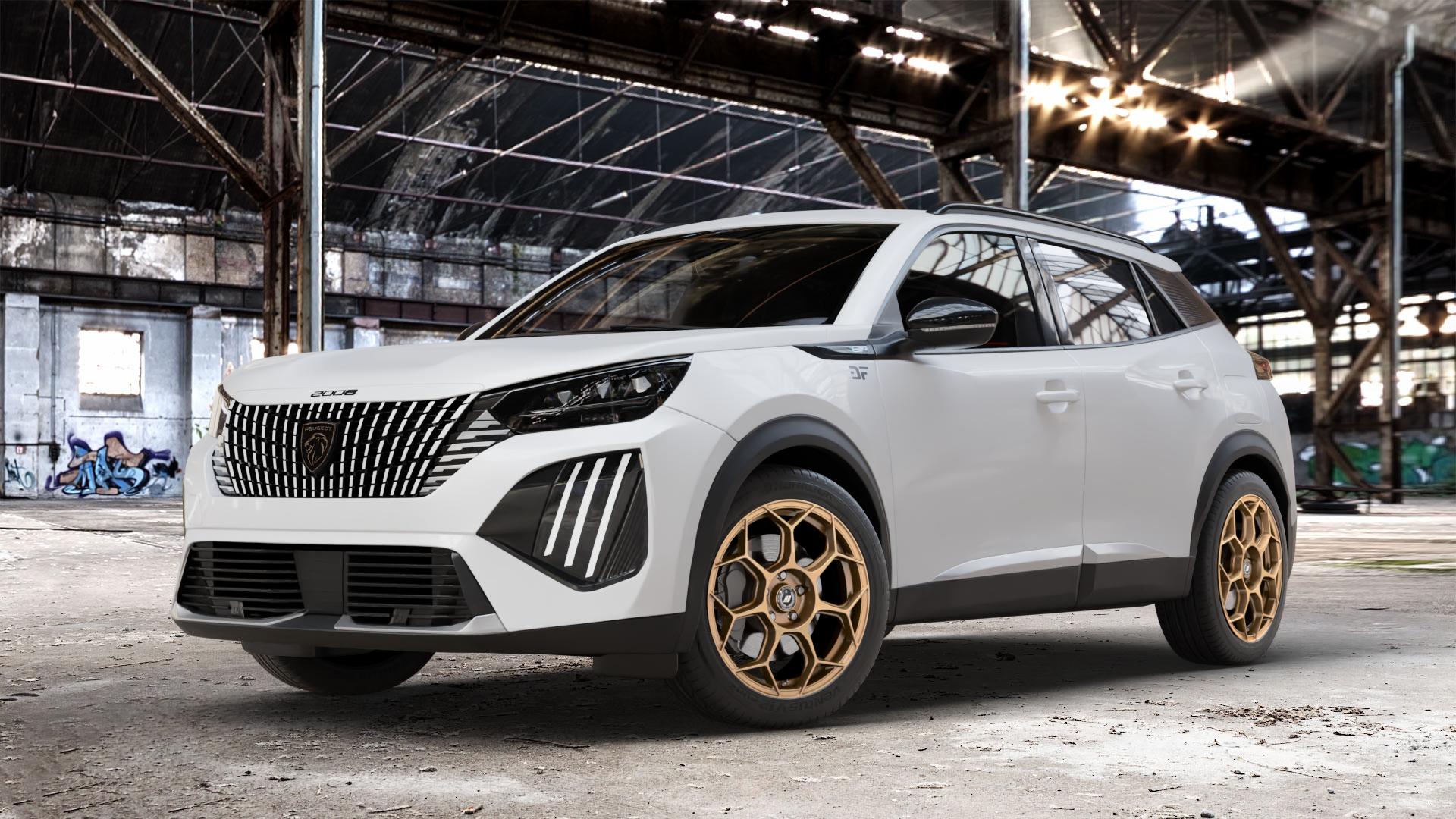 GMP Italia Raceway Oro Corsa Felge mit Reifen gold in 18Zoll Winterfelge Alufelge auf weissem Peugeot 2008 Typ U Facelift ⬇️ mit 15mm Tieferlegung ⬇️ Old Industrial Hall_max_4400mm_2024 Frontansicht_1