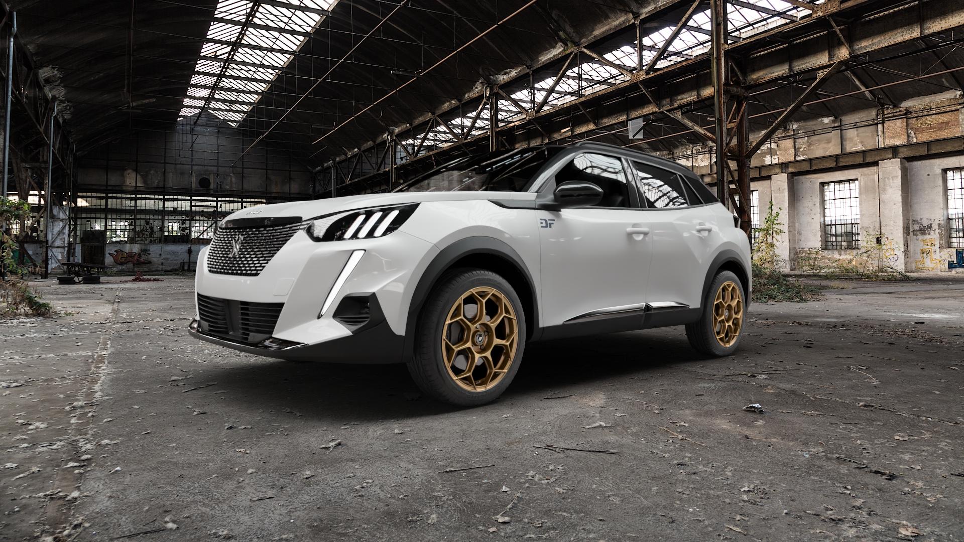 GMP Italia Raceway Oro Corsa Felge mit Reifen gold in 18Zoll Winterfelge Alufelge auf weissem Peugeot 2008 Typ U ⬇️ mit 15mm Tieferlegung ⬇️ Old Industrial Hall_max5000mm_2022 Frontansicht_1