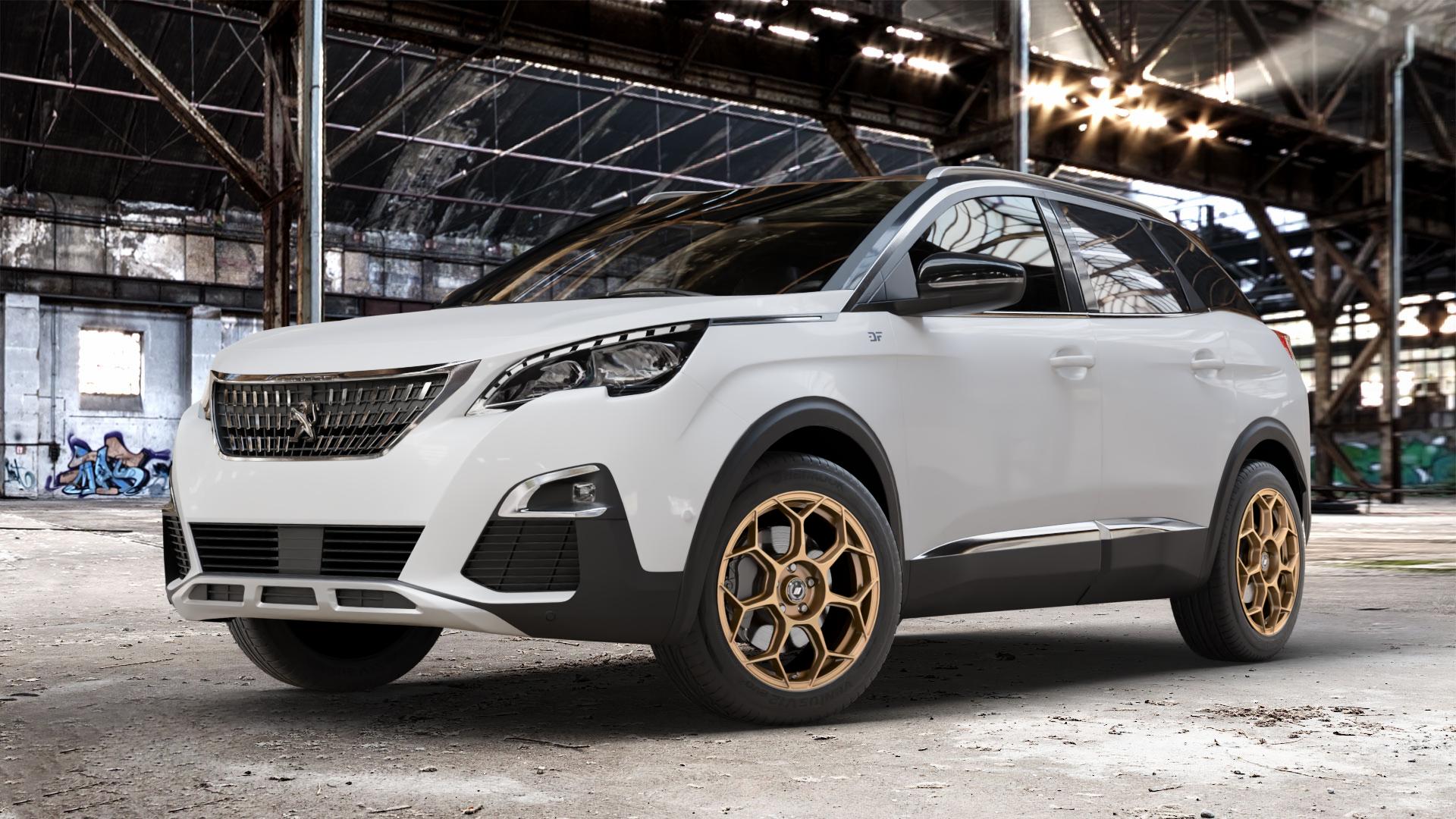 GMP Italia Raceway Oro Corsa Felge mit Reifen gold in 18Zoll Winterfelge Alufelge auf weissem Peugeot 3008 II Typ M ⬇️ mit 15mm Tieferlegung ⬇️ Old Industrial Hall_max_4400mm_2024 Frontansicht_1