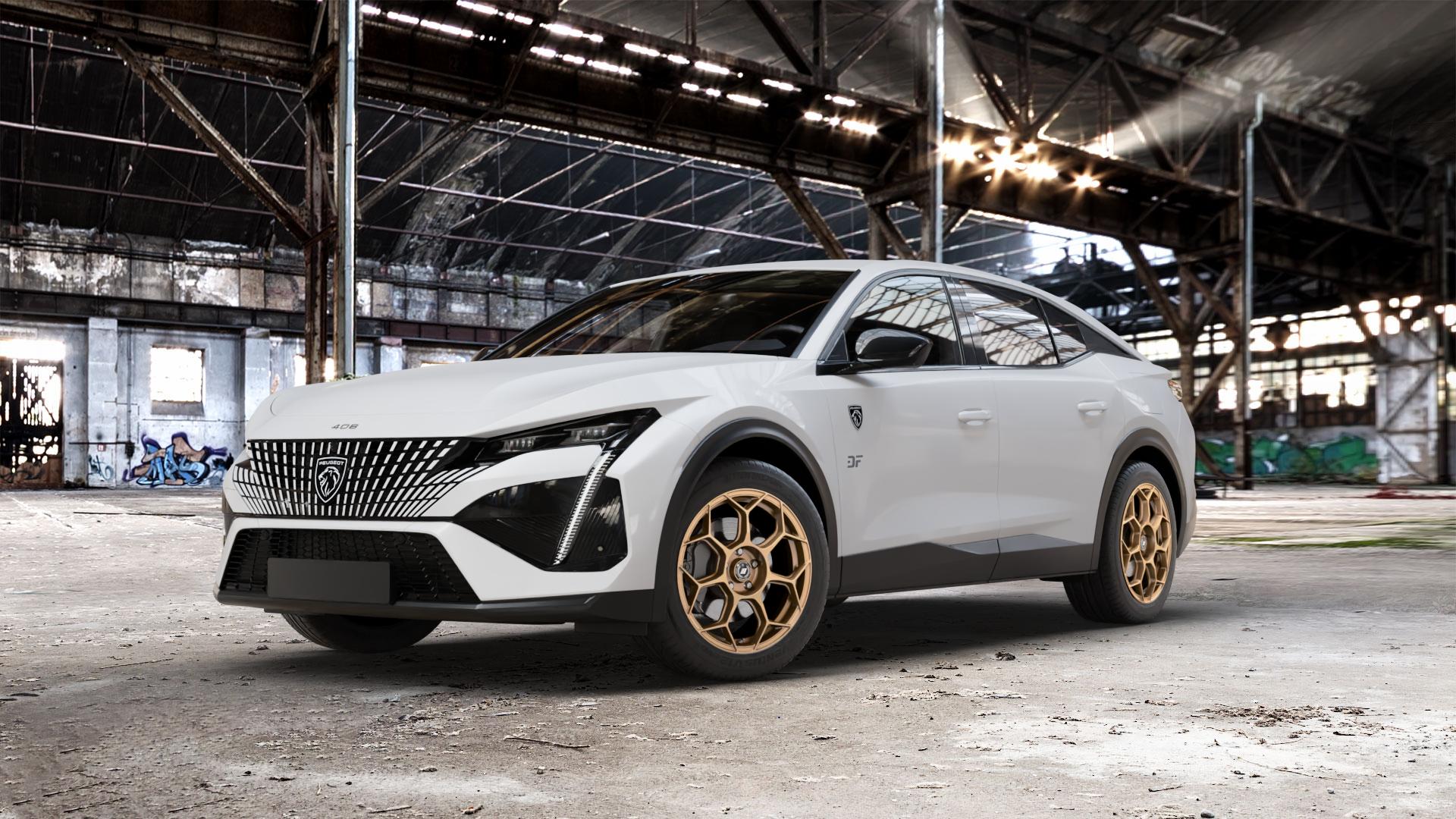 GMP Italia Raceway Oro Corsa Felge mit Reifen gold in 18Zoll Winterfelge Alufelge auf weissem Peugeot 408 Typ F ⬇️ mit 15mm Tieferlegung ⬇️ Old Industrial Hall_max_5300mm_2024 Frontansicht_1