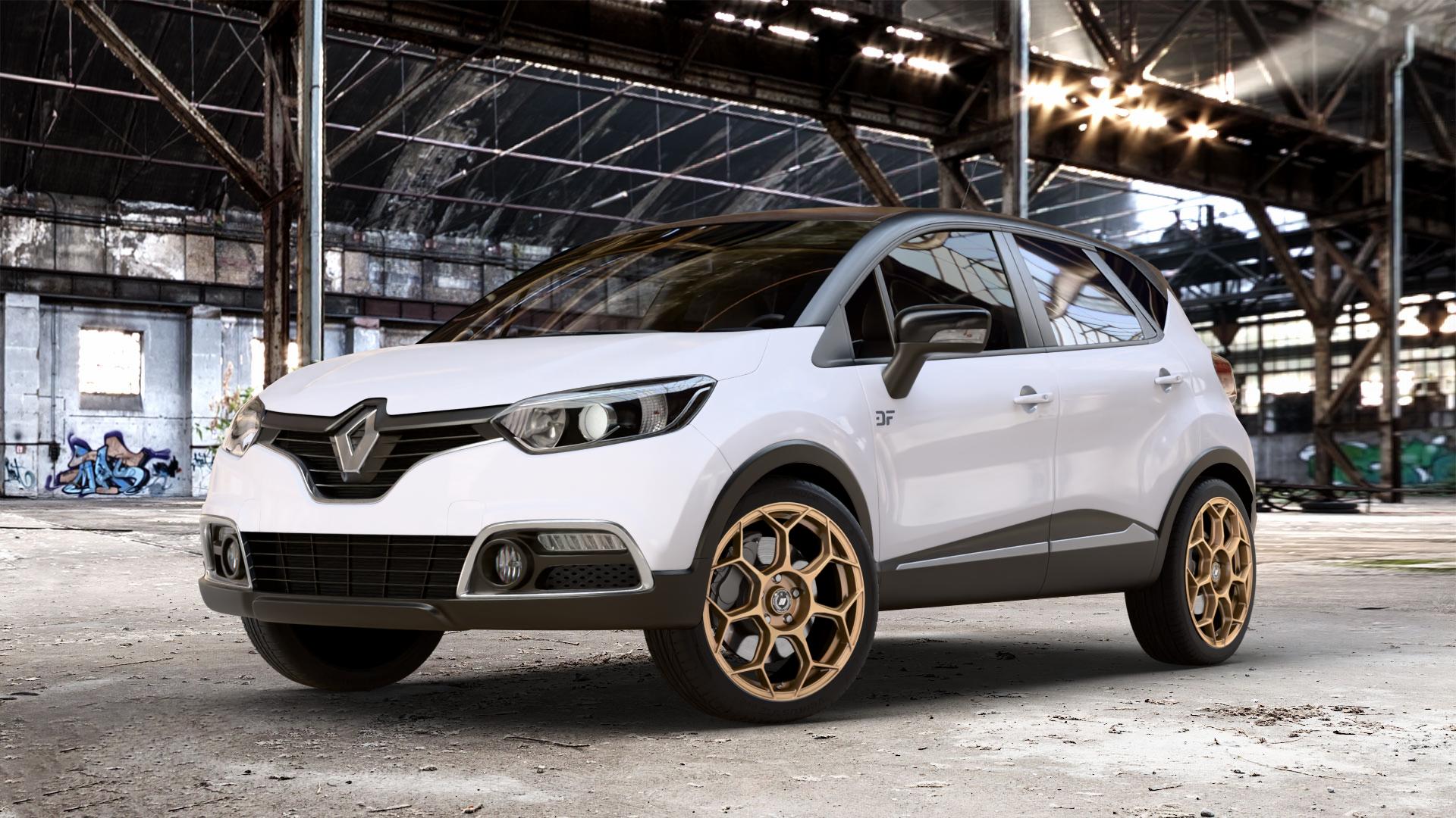 GMP Italia Raceway Oro Corsa Felge mit Reifen gold in 18Zoll Winterfelge Alufelge auf weissem Renault Captur Typ R 0,9l TCe 90 66kW (90 PS) 1,2l 120 EDC 88kW (120 1,5l dCi 110 81kW (110 87kW (118 ⬇️ mit 15mm Tieferlegung ⬇️ Old Industrial Hall_max_4400mm_2024 Frontansicht_1
