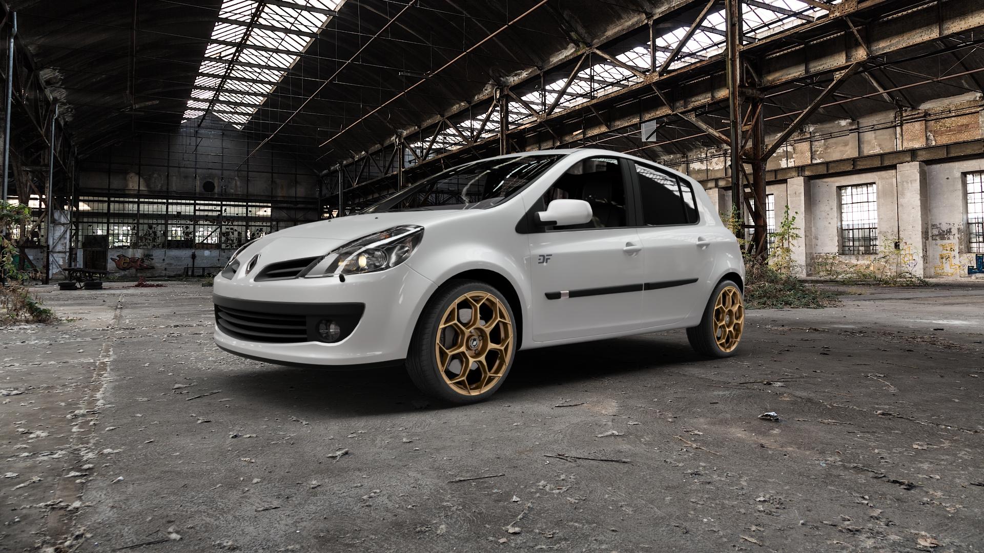GMP Italia Raceway Oro Corsa Felge mit Reifen gold in 18Zoll Winterfelge Alufelge auf weissem Renault Clio III Typ R ⬇️ mit 15mm Tieferlegung ⬇️ Old Industrial Hall_max5000mm_2022 Frontansicht_1