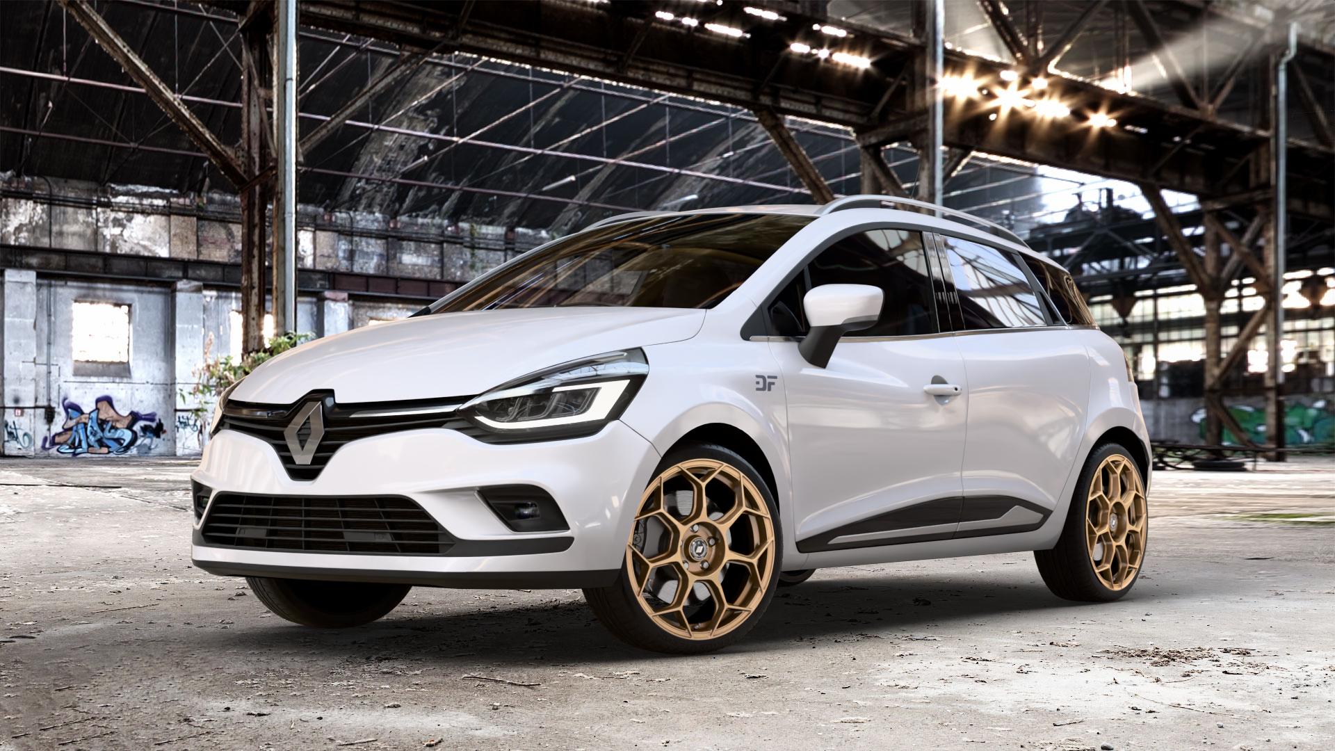 GMP Italia Raceway Oro Corsa Felge mit Reifen gold in 18Zoll Winterfelge Alufelge auf weissem Renault Clio IV Grandtour Typ R Facelift ⬇️ mit 15mm Tieferlegung ⬇️ Old Industrial Hall_max_4400mm_2024 Frontansicht_1