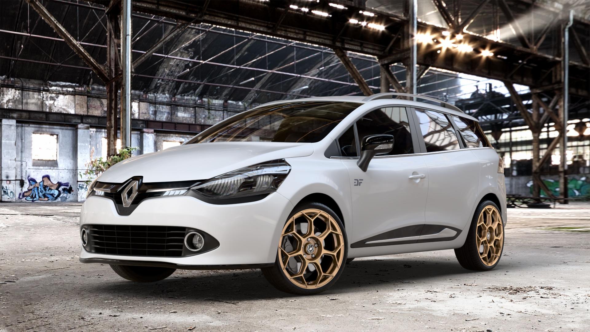 GMP Italia Raceway Oro Corsa Felge mit Reifen gold in 18Zoll Winterfelge Alufelge auf weissem Renault Clio IV Grandtour Typ R ⬇️ mit 15mm Tieferlegung ⬇️ Old Industrial Hall_max_4400mm_2024 Frontansicht_1
