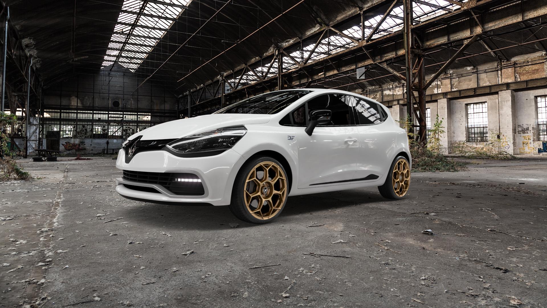 GMP Italia Raceway Oro Corsa Felge mit Reifen gold in 18Zoll Winterfelge Alufelge auf weissem Renault Clio IV Sport Typ R ⬇️ mit 15mm Tieferlegung ⬇️ Old Industrial Hall_max5000mm_2022 Frontansicht_1