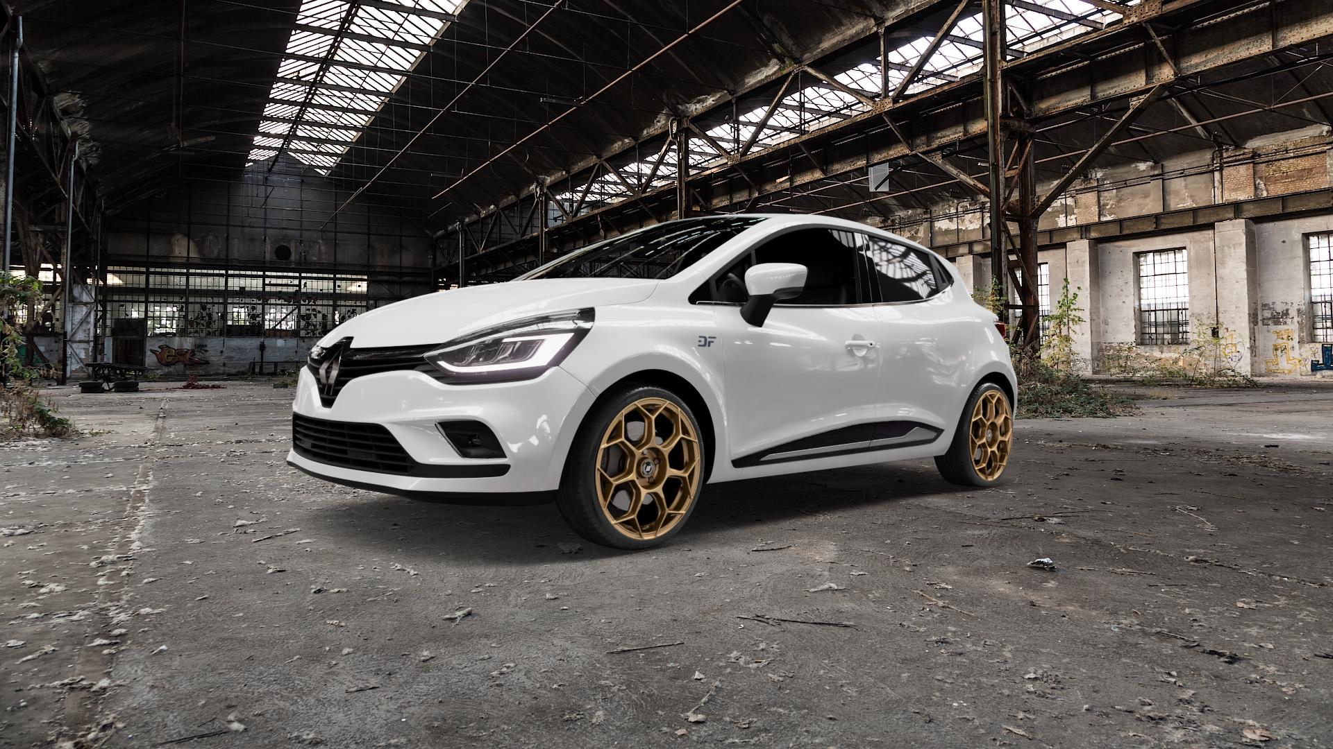GMP Italia Raceway Oro Corsa Felge mit Reifen gold in 18Zoll Winterfelge Alufelge auf weissem Renault Clio IV Typ R Facelift ⬇️ mit 15mm Tieferlegung ⬇️ Old Industrial Hall_max5000mm_2022 Frontansicht_1