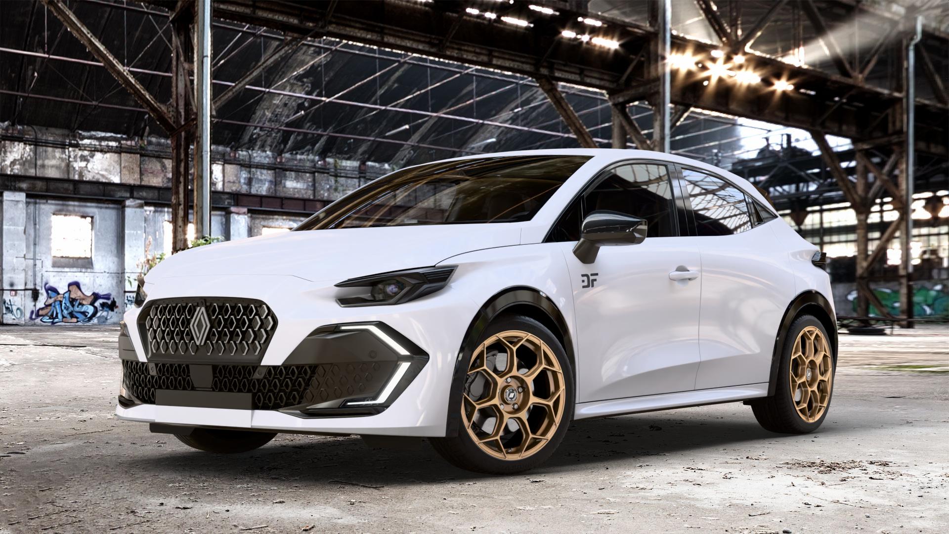 GMP Italia Raceway Oro Corsa Felge mit Reifen gold in 18Zoll Winterfelge Alufelge auf weissem Renault Clio VI Typ R03 ⬇️ mit 15mm Tieferlegung ⬇️ Old Industrial Hall_max_4400mm_2024 Frontansicht_1