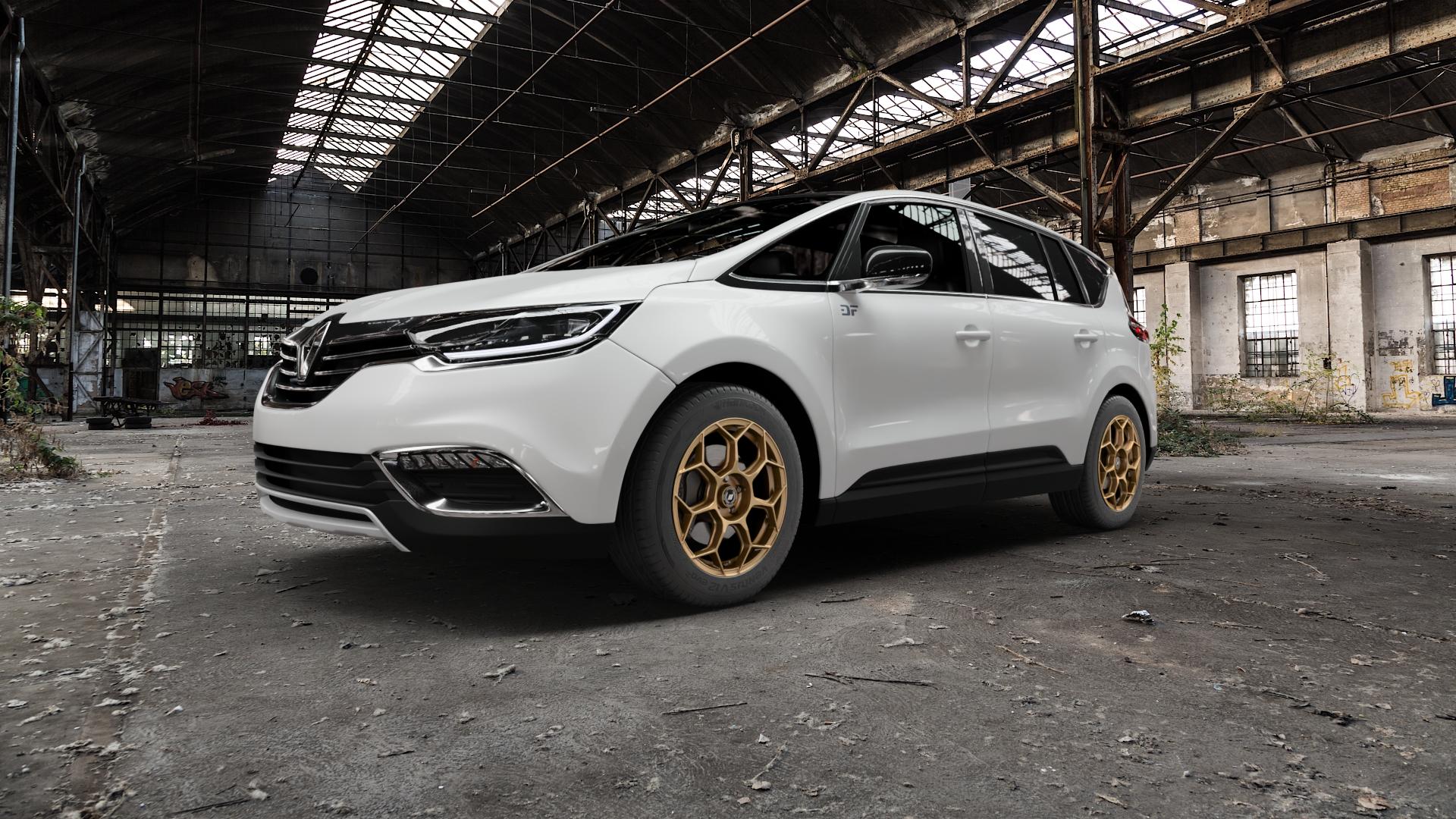 GMP Italia Raceway Oro Corsa Felge mit Reifen gold in 18Zoll Winterfelge Alufelge auf weissem Renault Espace V Typ RFC ⬇️ mit 15mm Tieferlegung ⬇️ Old Industrial Hall_max5000mm_2022 Frontansicht_1