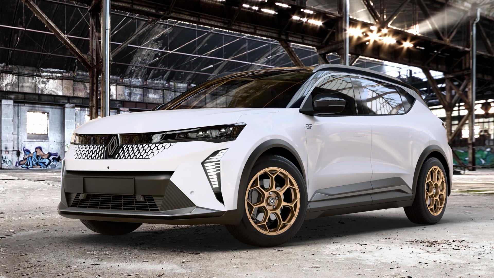 GMP Italia Raceway Oro Corsa Felge mit Reifen gold in 18Zoll Winterfelge Alufelge auf weissem Renault Scénic V E-Tech Typ RCB 0,0l 55kW (75 PS) ⬇️ mit 15mm Tieferlegung ⬇️ Old Industrial Hall_max_4400mm_2024 Frontansicht_1