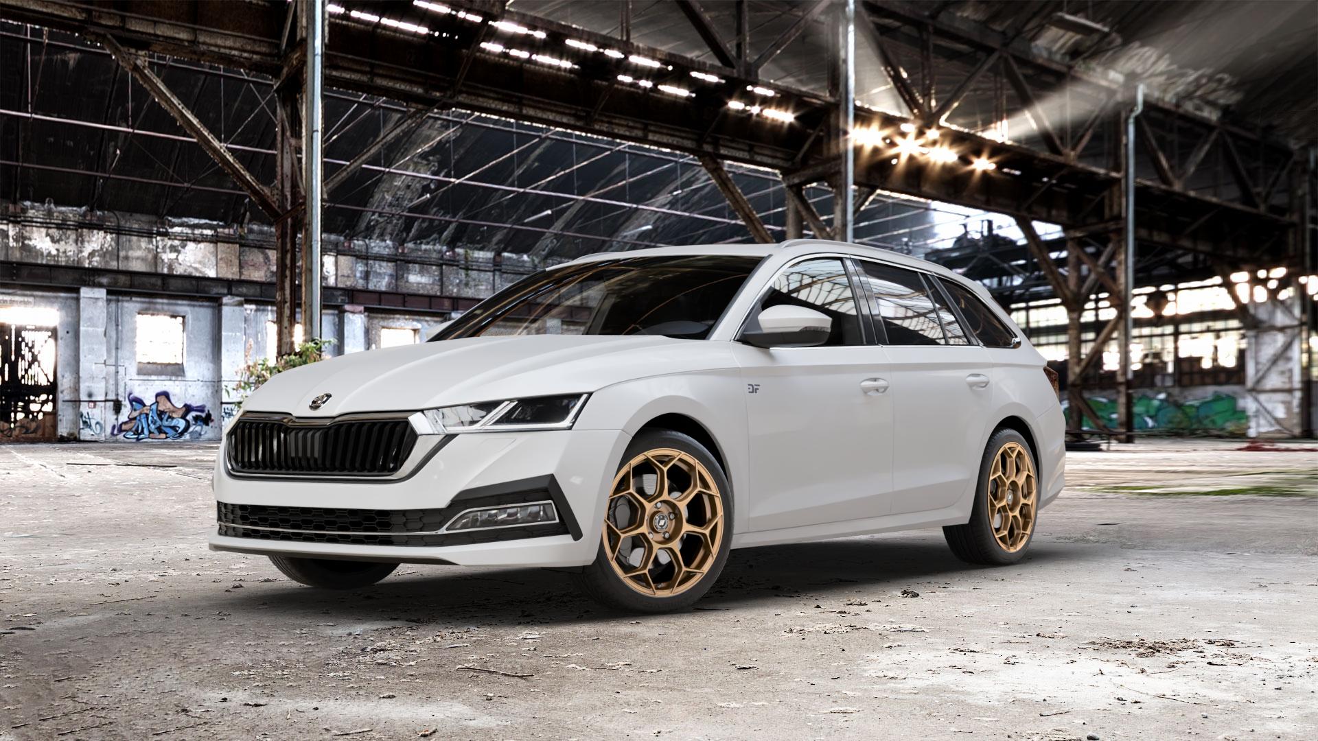 GMP Italia Raceway Oro Corsa Felge mit Reifen gold in 18Zoll Winterfelge Alufelge auf weissem Skoda Octavia IV Kombi Typ NX ⬇️ mit 15mm Tieferlegung ⬇️ Old Industrial Hall_max_5300mm_2024 Frontansicht_1