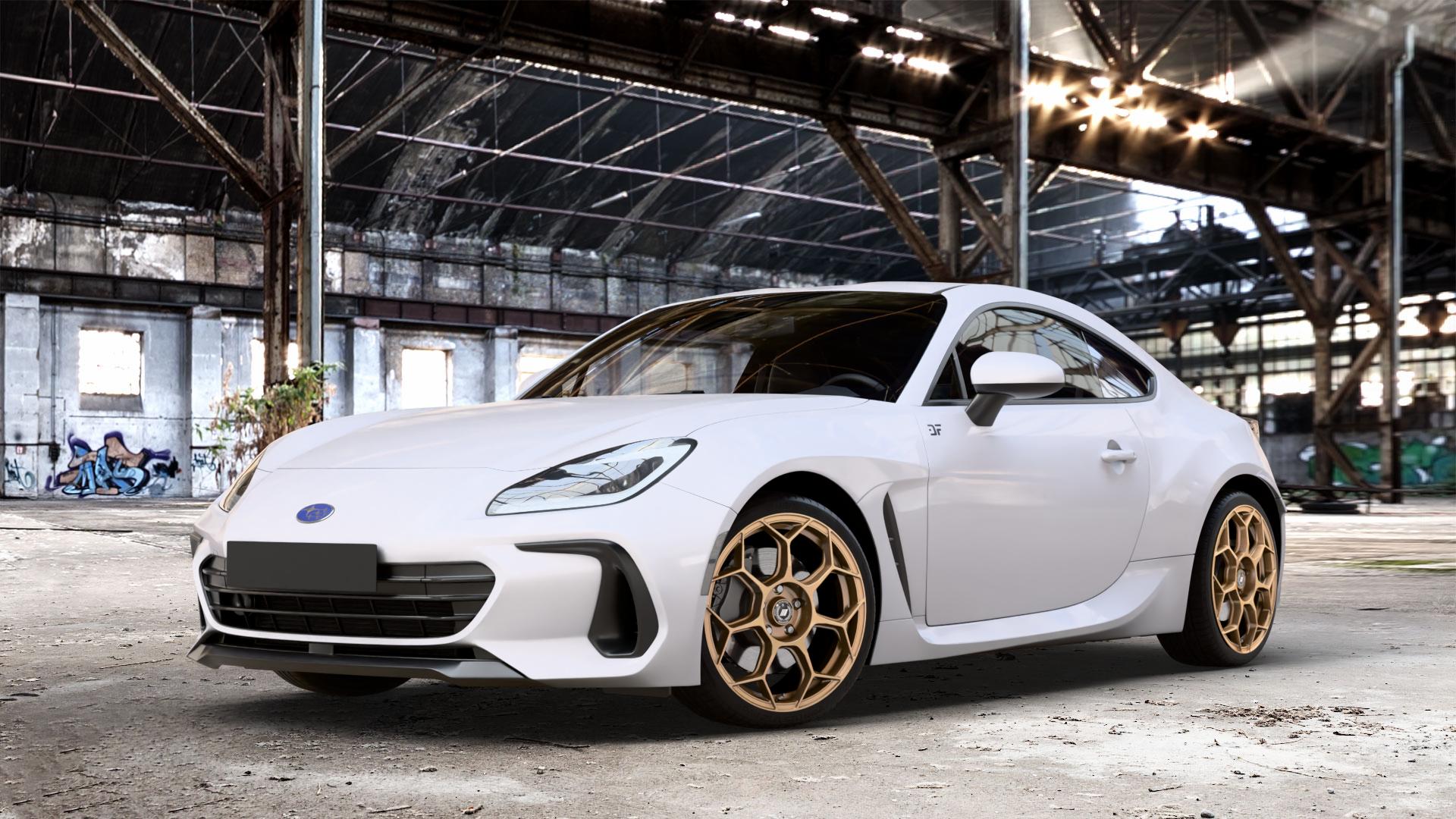 GMP Italia Raceway Oro Corsa Felge mit Reifen gold in 18Zoll Winterfelge Alufelge auf weissem Subaru BRZ Typ Z2 2,4l 172kW (234 PS) ⬇️ mit 15mm Tieferlegung ⬇️ Old Industrial Hall_max_4400mm_2024 Frontansicht_1
