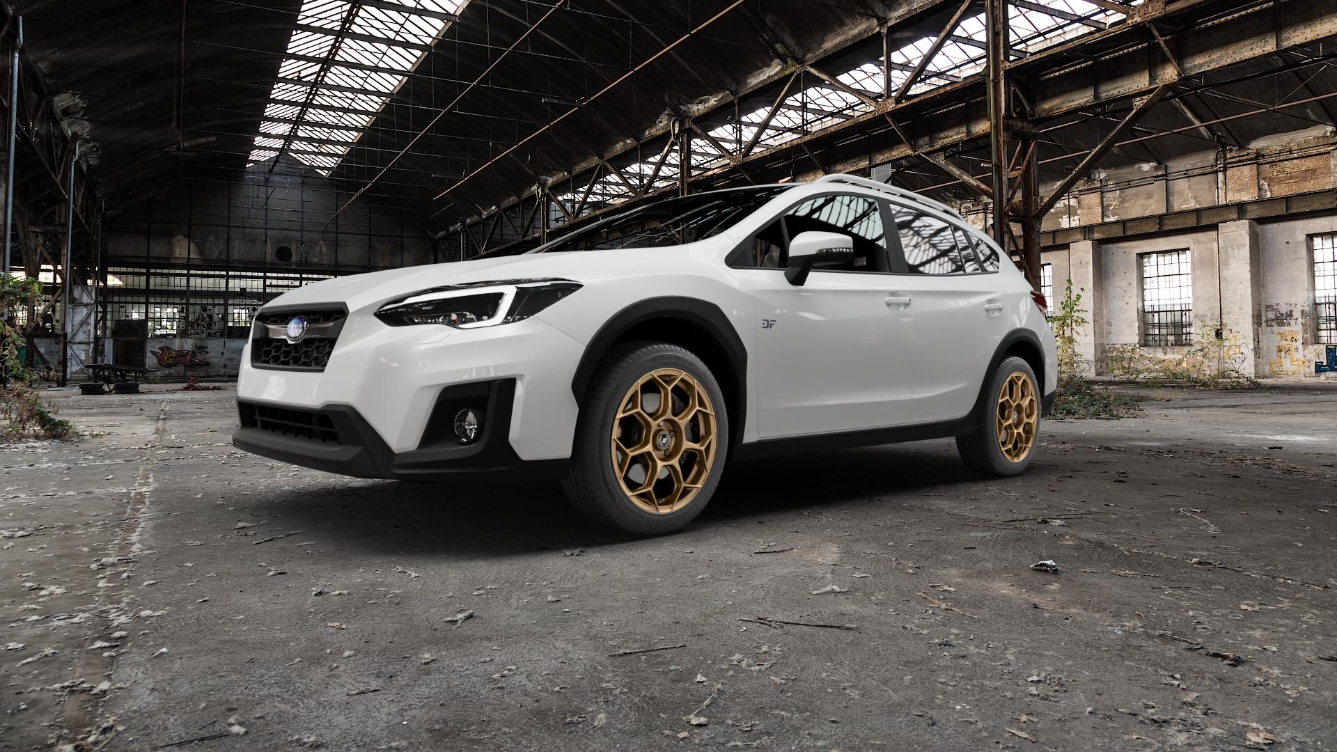 GMP Italia Raceway Oro Corsa Felge mit Reifen gold in 18Zoll Winterfelge Alufelge auf weissem Subaru XV Typ G5 2,0l i 115kW (156 PS) 1,6l 84kW (114 ⬇️ mit 15mm Tieferlegung ⬇️ Old Industrial Hall_max5000mm_2022 Frontansicht_1