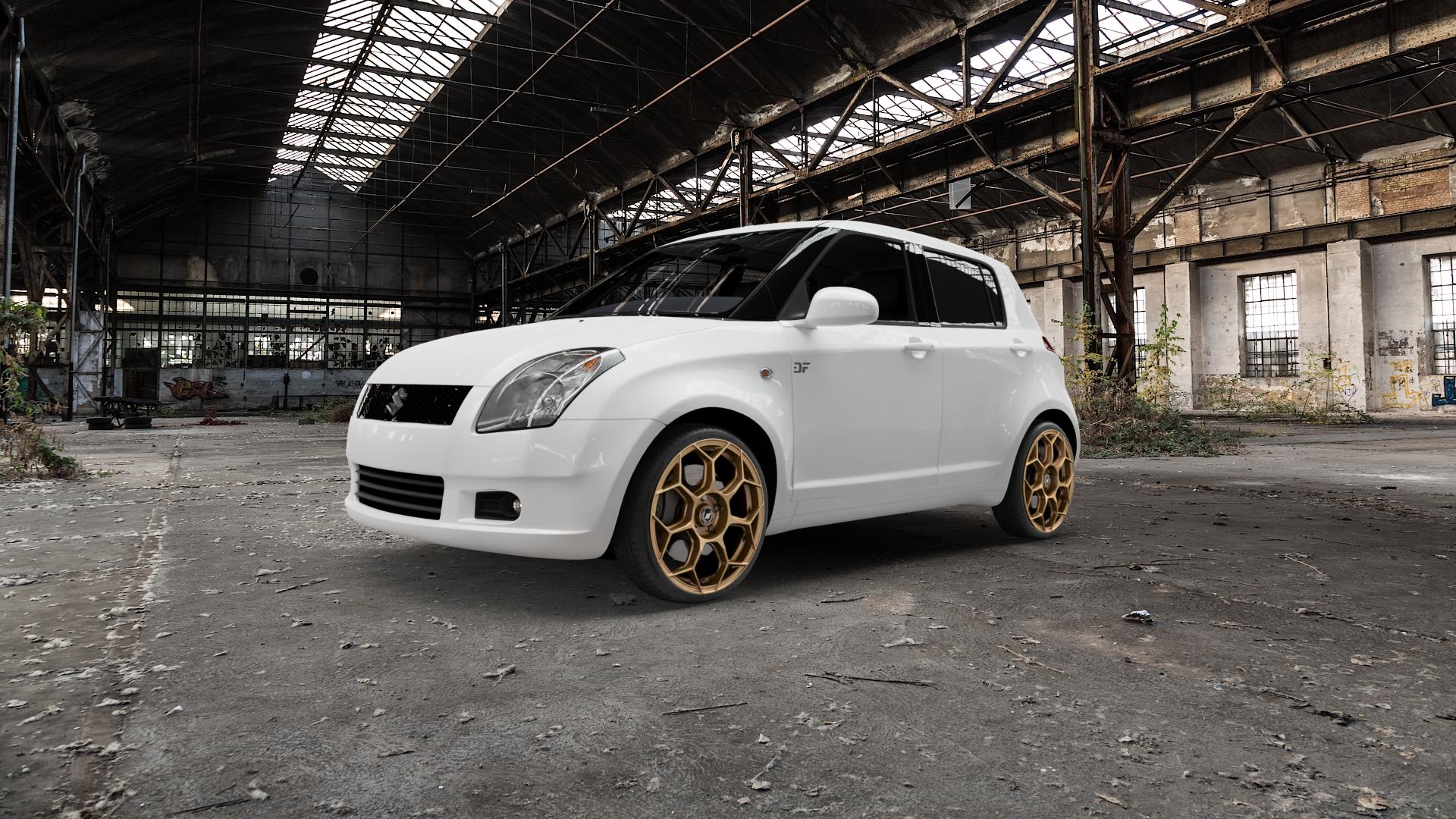 GMP Italia Raceway Oro Corsa Felge mit Reifen gold in 18Zoll Winterfelge Alufelge auf weissem Suzuki Swift IV Typ MZ EZ ⬇️ mit 15mm Tieferlegung ⬇️ Old Industrial Hall_max5000mm_2022 Frontansicht_1