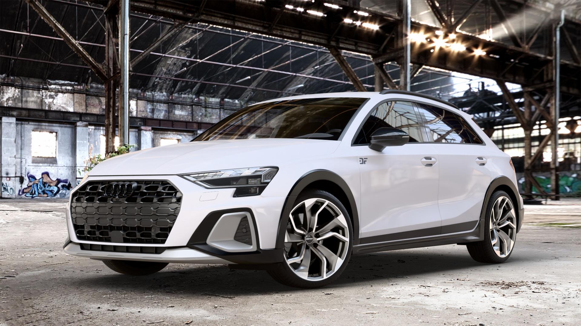 GMP Italia Rebel Anthr. matt diamond Felge mit Reifen grau anthrazit in 19Zoll Winterfelge Alufelge auf weissem Audi A3 Typ GY (Allstreet) ⬇️ mit 15mm Tieferlegung ⬇️ Old Industrial Hall_max_4400mm_2024 Frontansicht_1