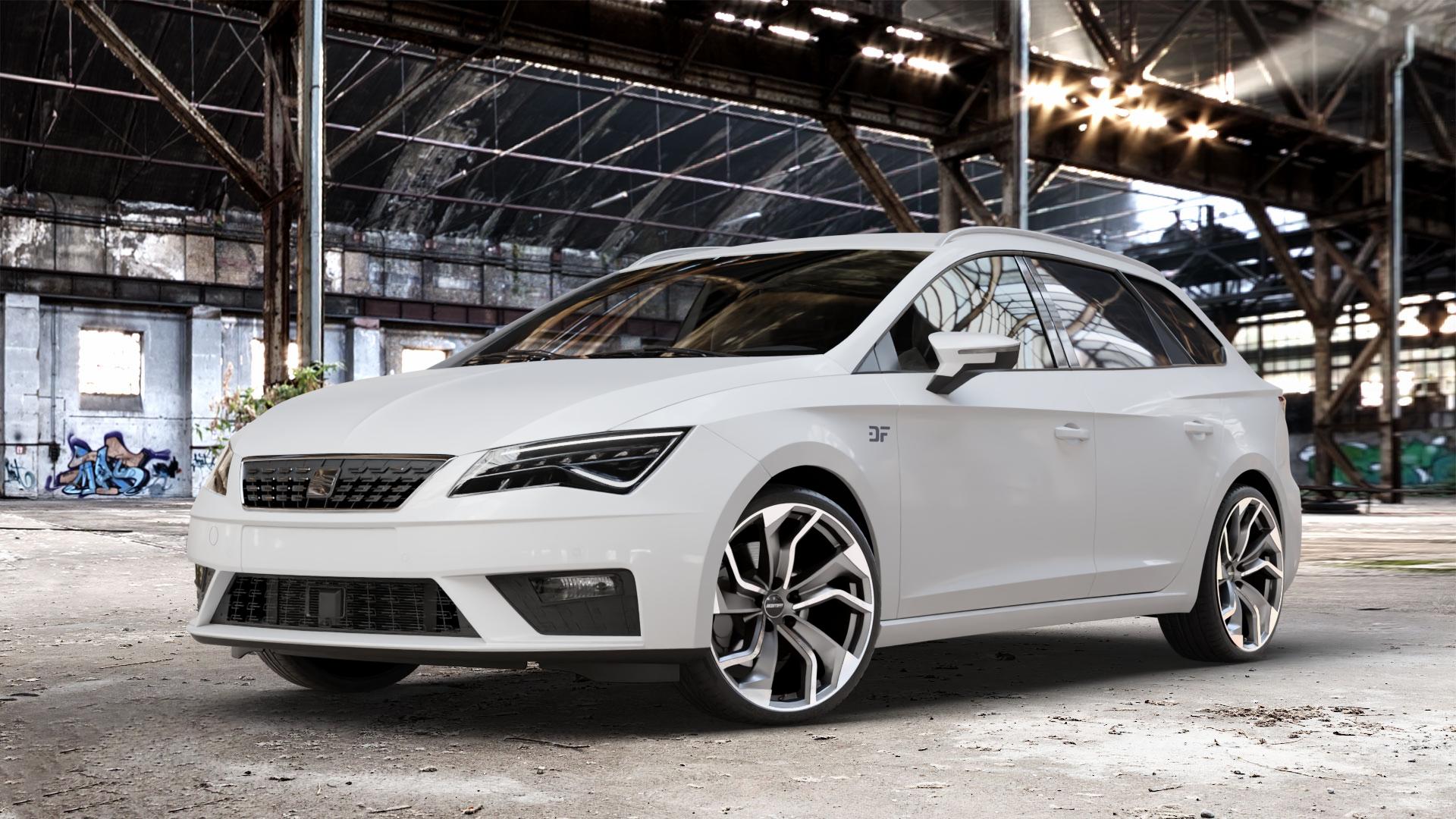 GMP Italia Rebel Anthr. matt diamond Felge mit Reifen grau anthrazit in 19Zoll Winterfelge Alufelge auf weissem Seat Leon Typ 5F ST Facelift ⬇️ mit 15mm Tieferlegung ⬇️ Old Industrial Hall_max_4400mm_2024 Frontansicht_1
