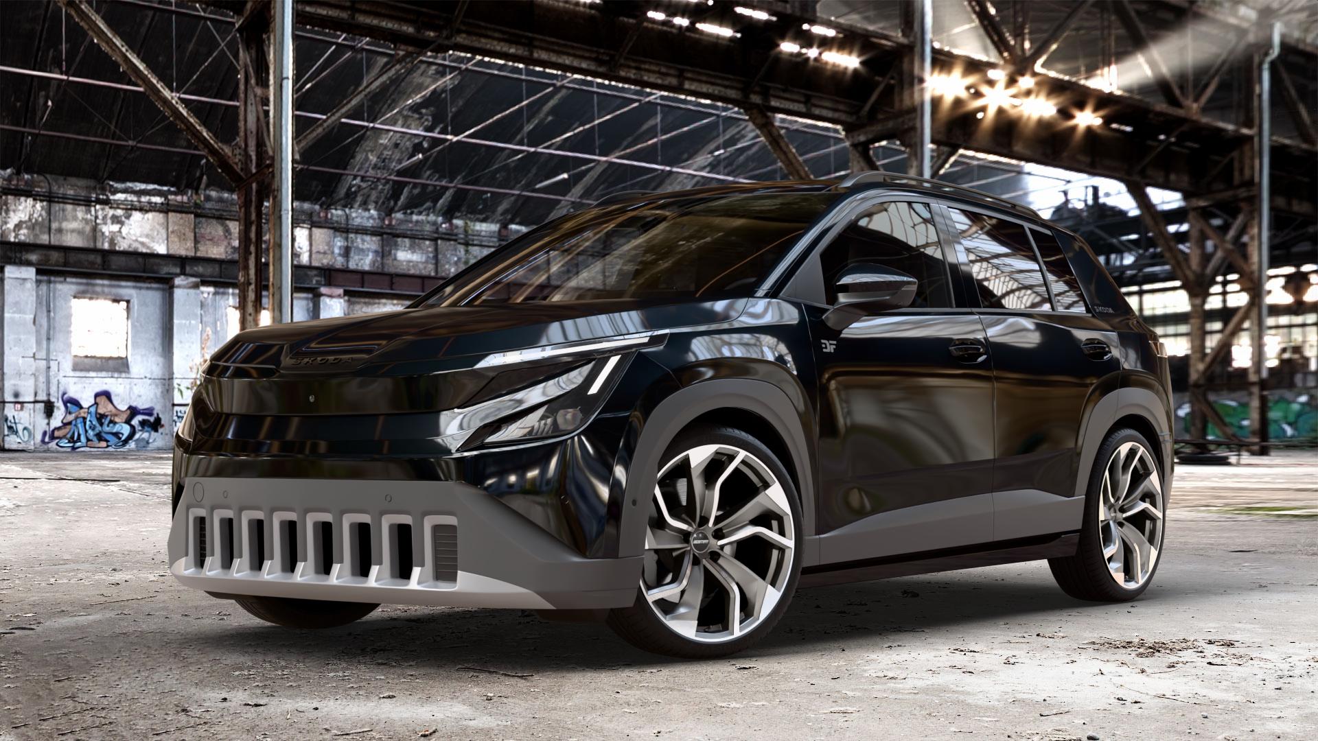 GMP Italia Rebel Anthr. matt diamond Felge mit Reifen grau anthrazit in 20Zoll Winterfelge Alufelge auf metallic schwarzem Skoda Epiq Typ PX ⬇️ mit 15mm Tieferlegung ⬇️ Old Industrial Hall_max_4400mm_2024 Frontansicht_1