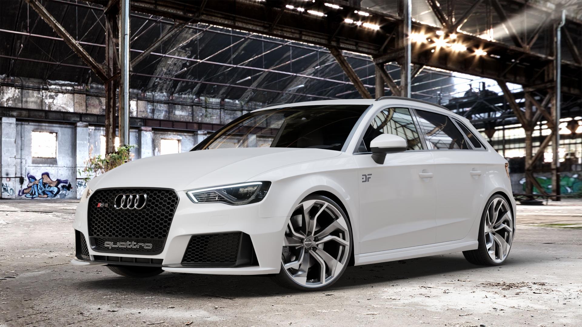 GMP Italia Rebel Anthr. matt diamond Felge mit Reifen grau anthrazit in 20Zoll Winterfelge Alufelge auf weissem Audi A3 Typ 8V (Sportback) 2,5l TFSI quattro 270kW RS3 (367 PS) Facelift 294kW (400 ⬇️ mit 15mm Tieferlegung ⬇️ Old Industrial Hall_max_4400mm_2024 Frontansicht_1