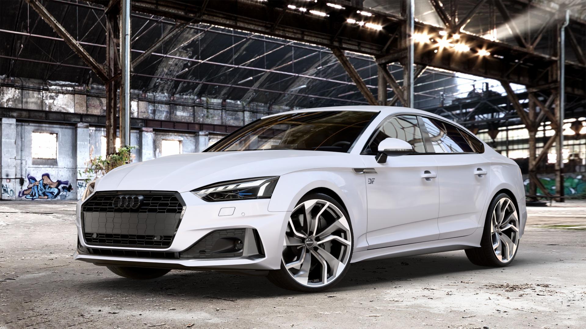 GMP Italia Rebel Anthr. matt diamond Felge mit Reifen grau anthrazit in 20Zoll Winterfelge Alufelge auf weissem Audi A5 Typ B9 (Sportback) Facelift ⬇️ mit 15mm Tieferlegung ⬇️ Old Industrial Hall_max_4400mm_2024 Frontansicht_1